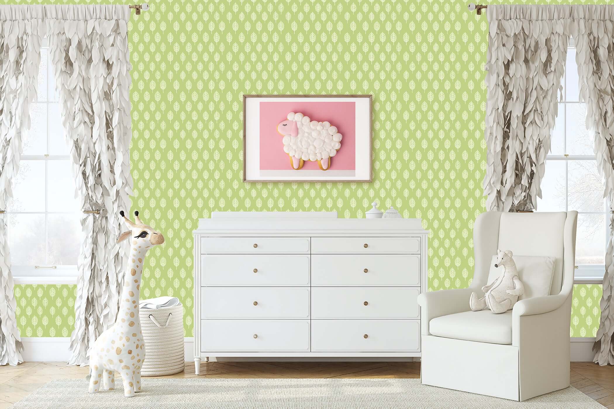 Modern abstract spring leaf wallpaper in a children's playroom with white furniture and cheerful decor, ideal for nurseries.