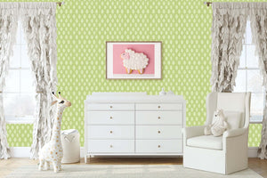 Modern abstract spring leaf wallpaper in a children's playroom with white furniture and cheerful decor, ideal for nurseries.