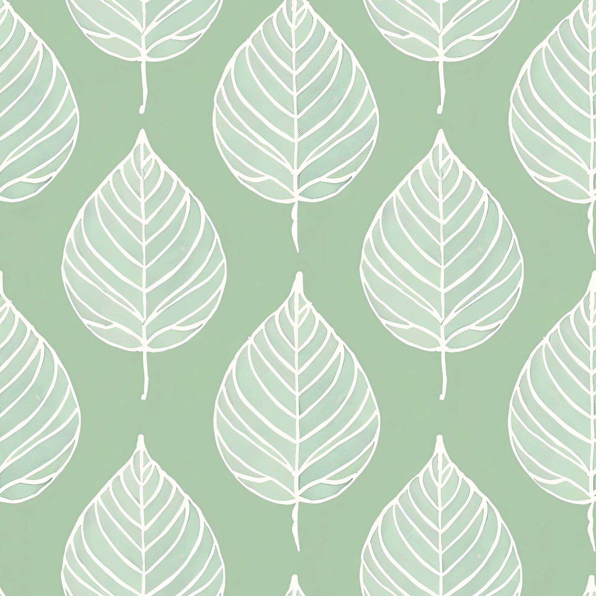 Mint Harmony wallpaper with white leaf silhouettes on mint green, ideal for modern nurseries and playrooms. Abstract and tranquil design.