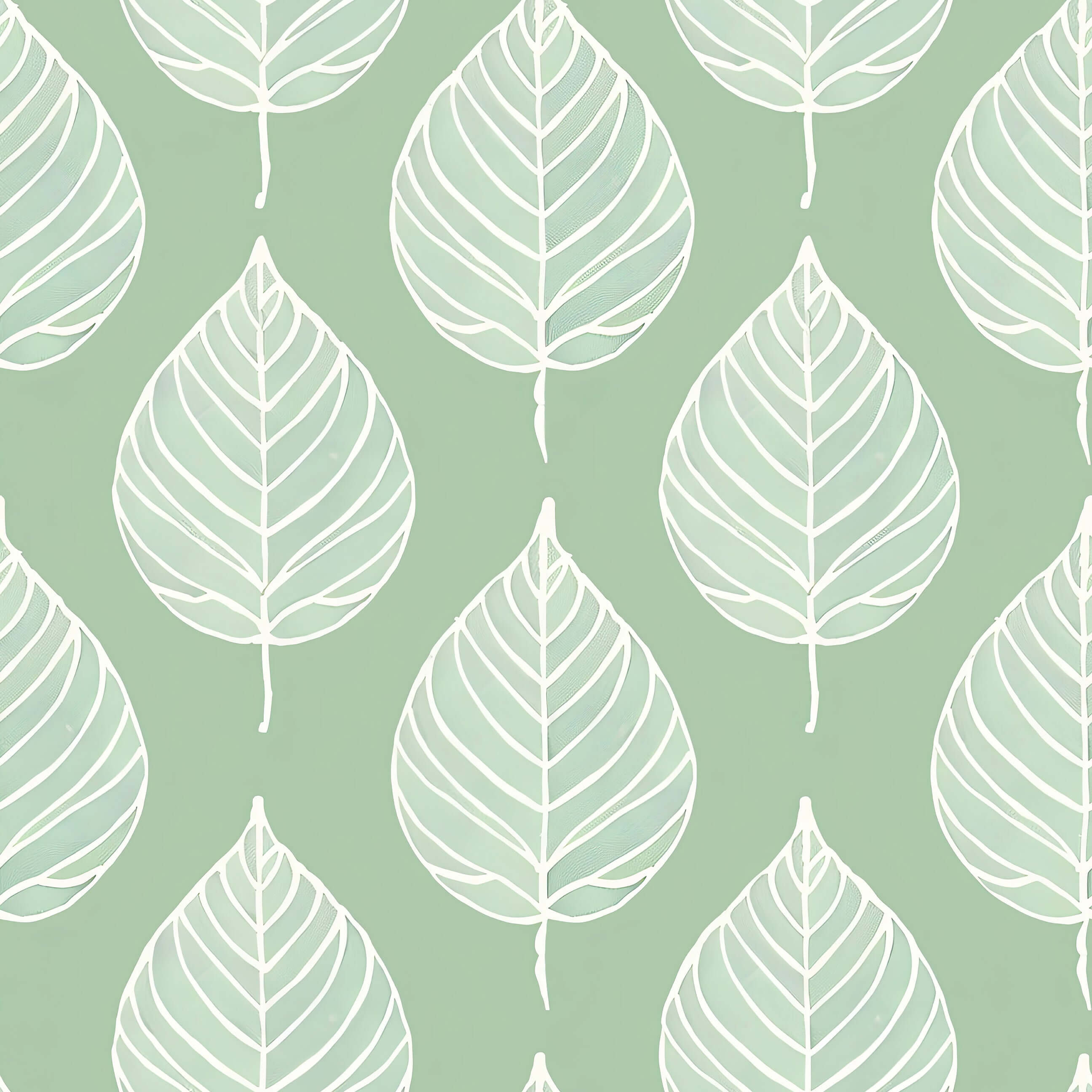 Mint Harmony wallpaper with white leaf silhouettes on mint green, ideal for modern nurseries and playrooms. Abstract and tranquil design.