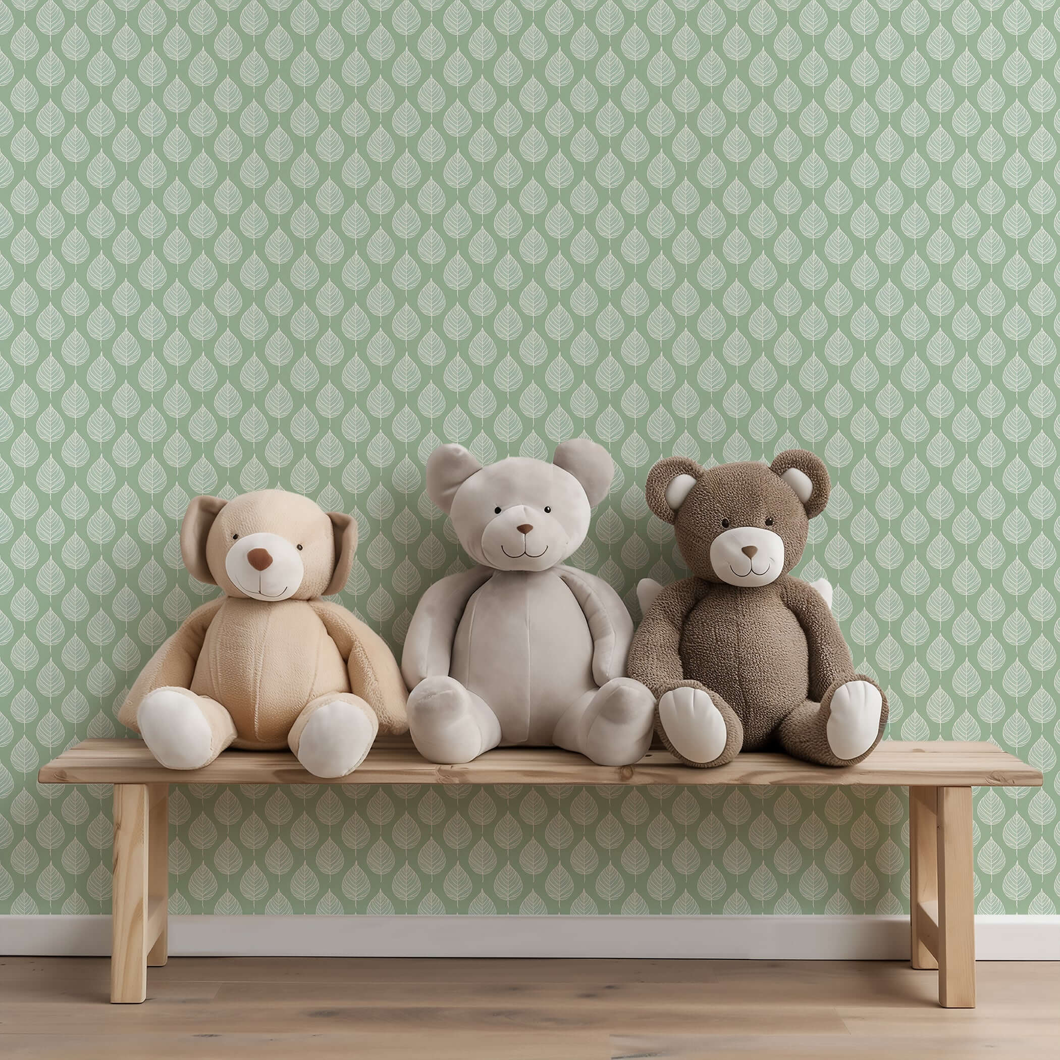 Mint Harmony wallpaper with abstract white leaf silhouettes, perfect for modern and Scandinavian playrooms, featuring toy bears on a bench.