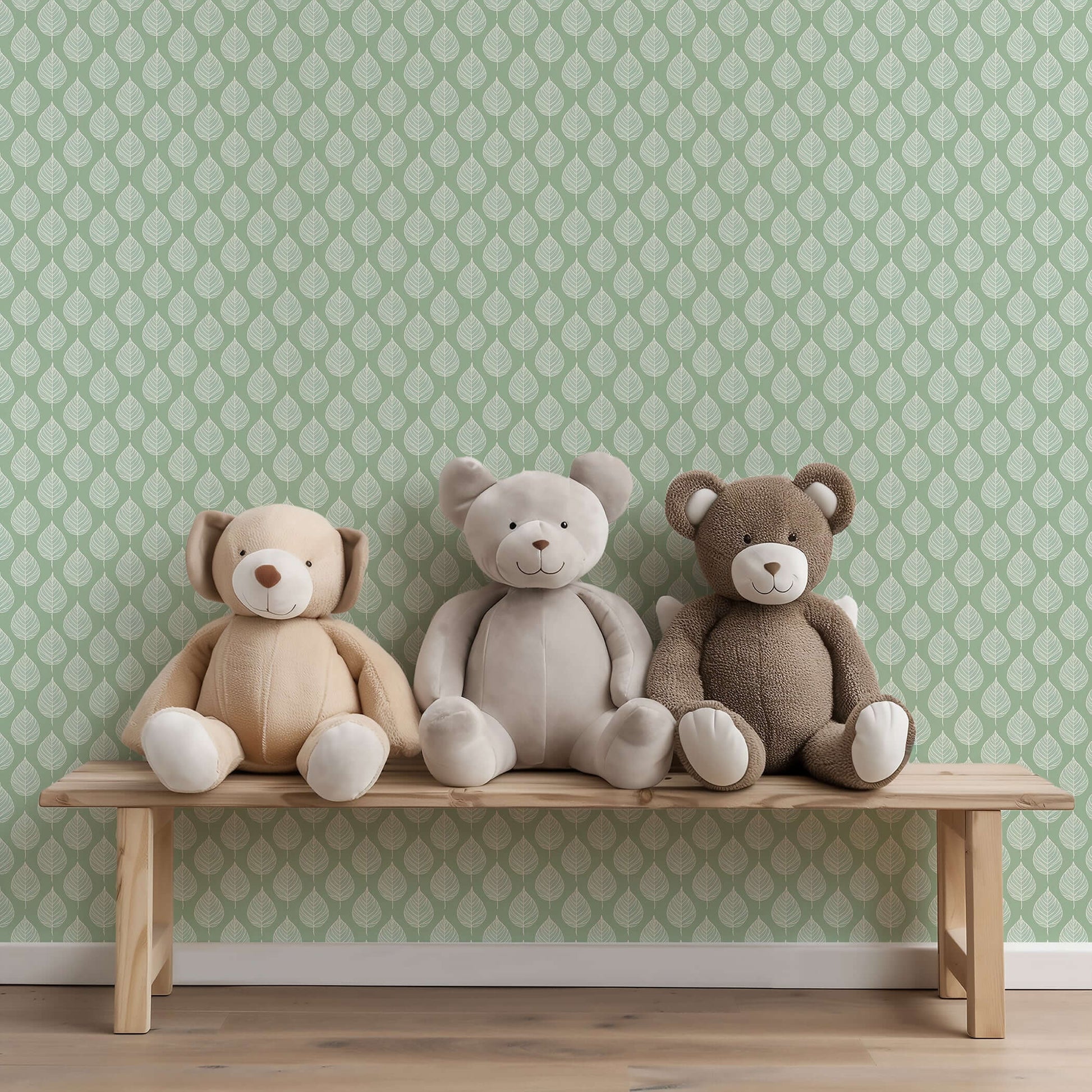 Mint Harmony wallpaper with abstract white leaf silhouettes, perfect for modern and Scandinavian playrooms, featuring toy bears on a bench.
