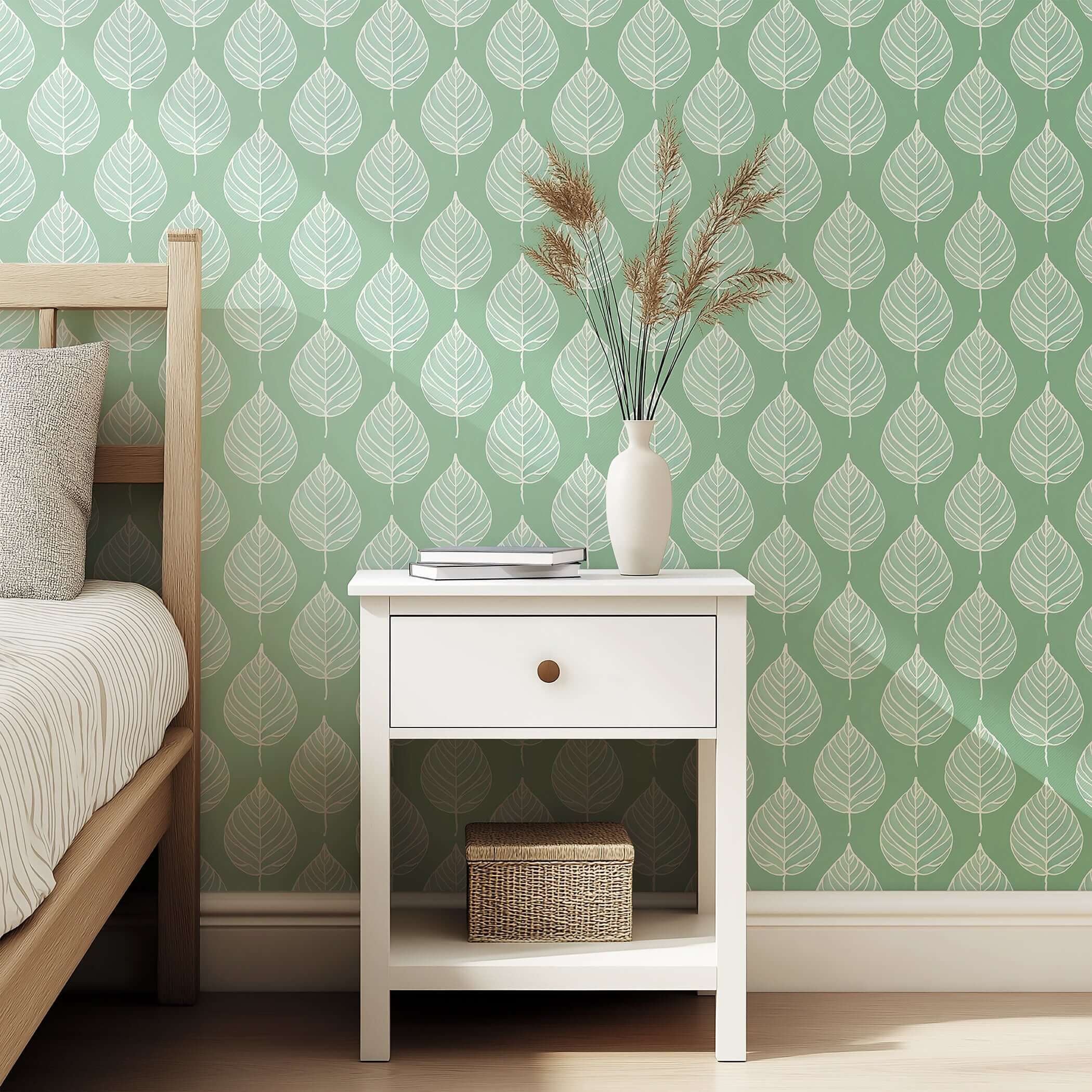 Mint Harmony wallpaper featuring white leaf silhouettes on mint background, perfect for modern bedroom, nursery, or playroom.