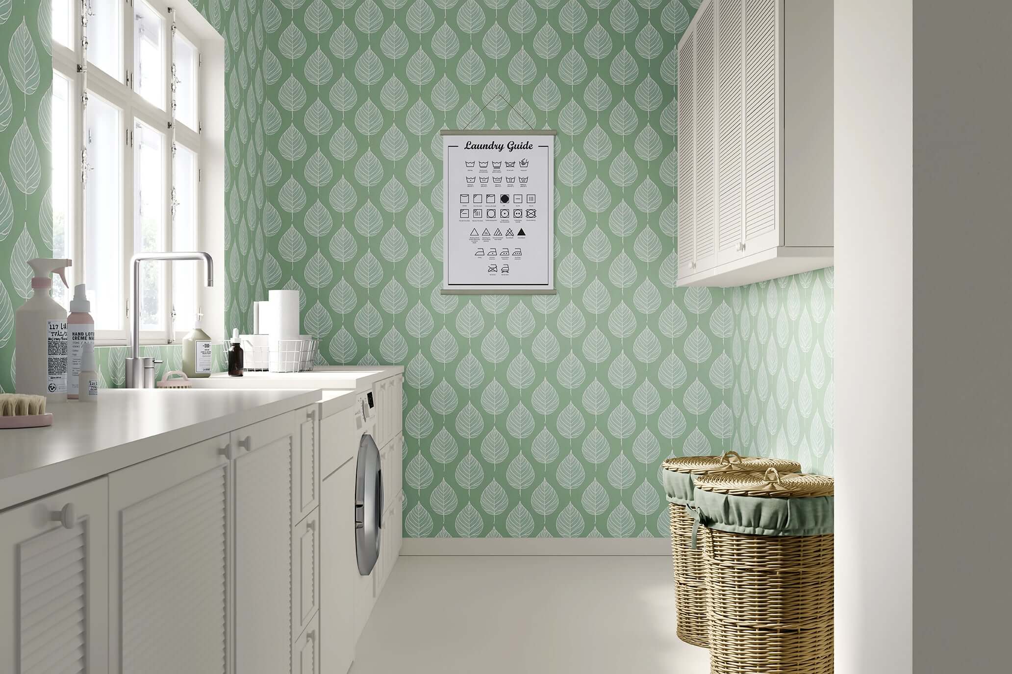 Modern abstract mint wallpaper with white leaf design in laundry room, ideal for children's playroom and nursery decor.