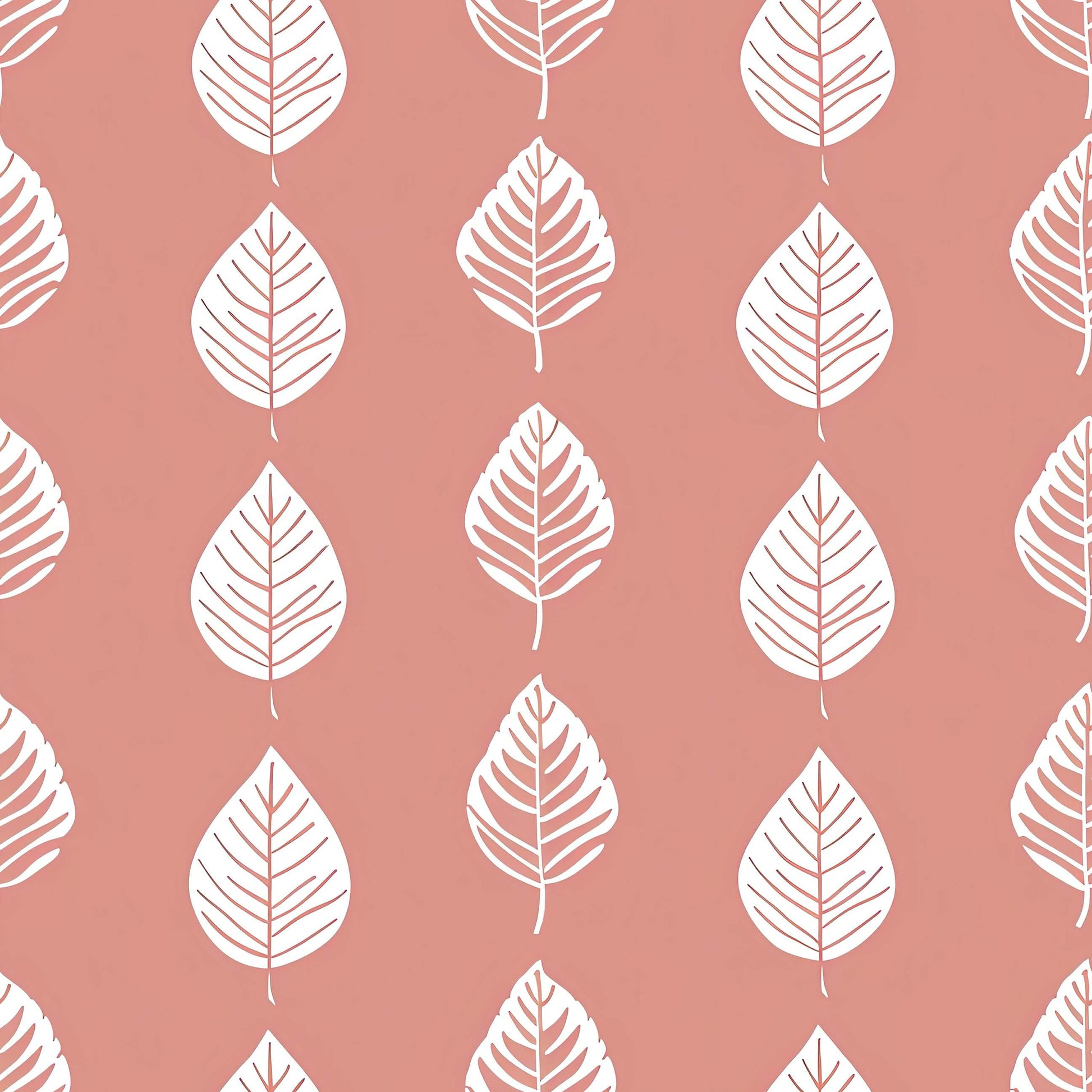 Petal Pink wallpaper with abstract white leaf design on coral-pink background, ideal for modern nurseries and children's playrooms.