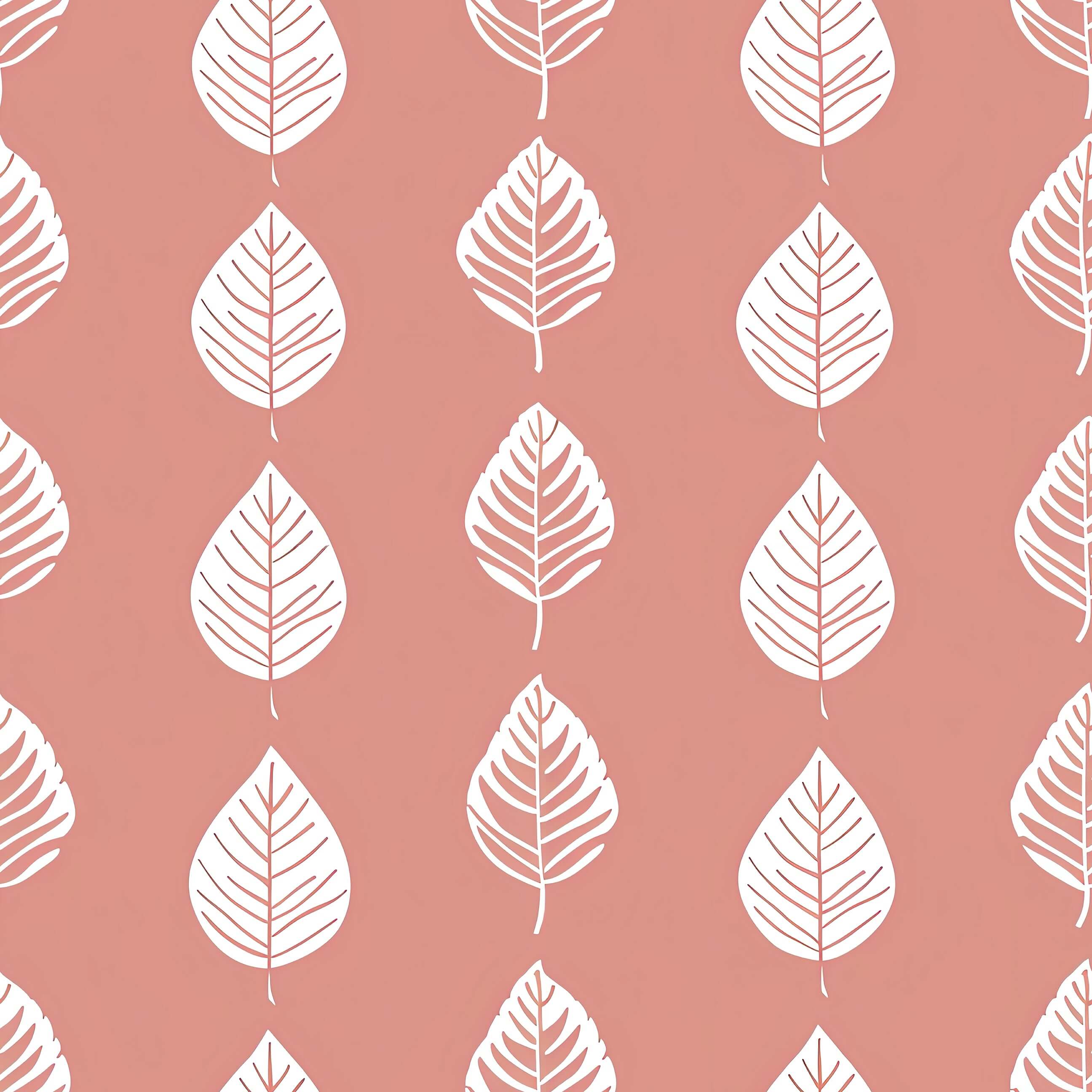 Petal Pink wallpaper with abstract white leaf design on coral-pink background, ideal for modern nurseries and children's playrooms.