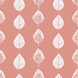 Petal Pink wallpaper with abstract white leaf design on coral-pink background, ideal for modern nurseries and children's playrooms.
