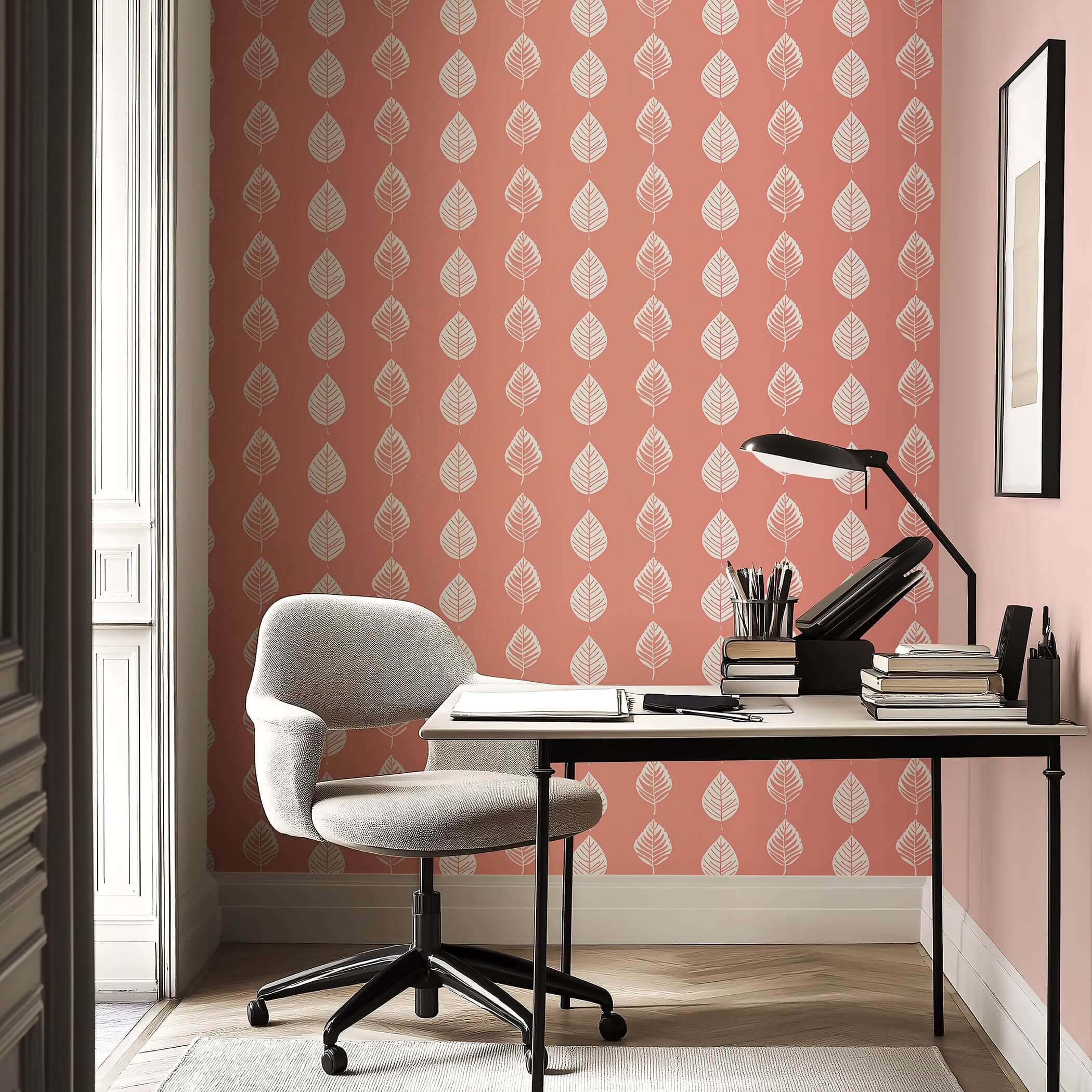 Petal pink wallpaper with white leaves in a modern office setting, ideal for nurseries, playrooms, and contemporary spaces.