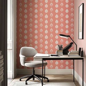Petal pink wallpaper with white leaves in a modern office setting, ideal for nurseries, playrooms, and contemporary spaces.