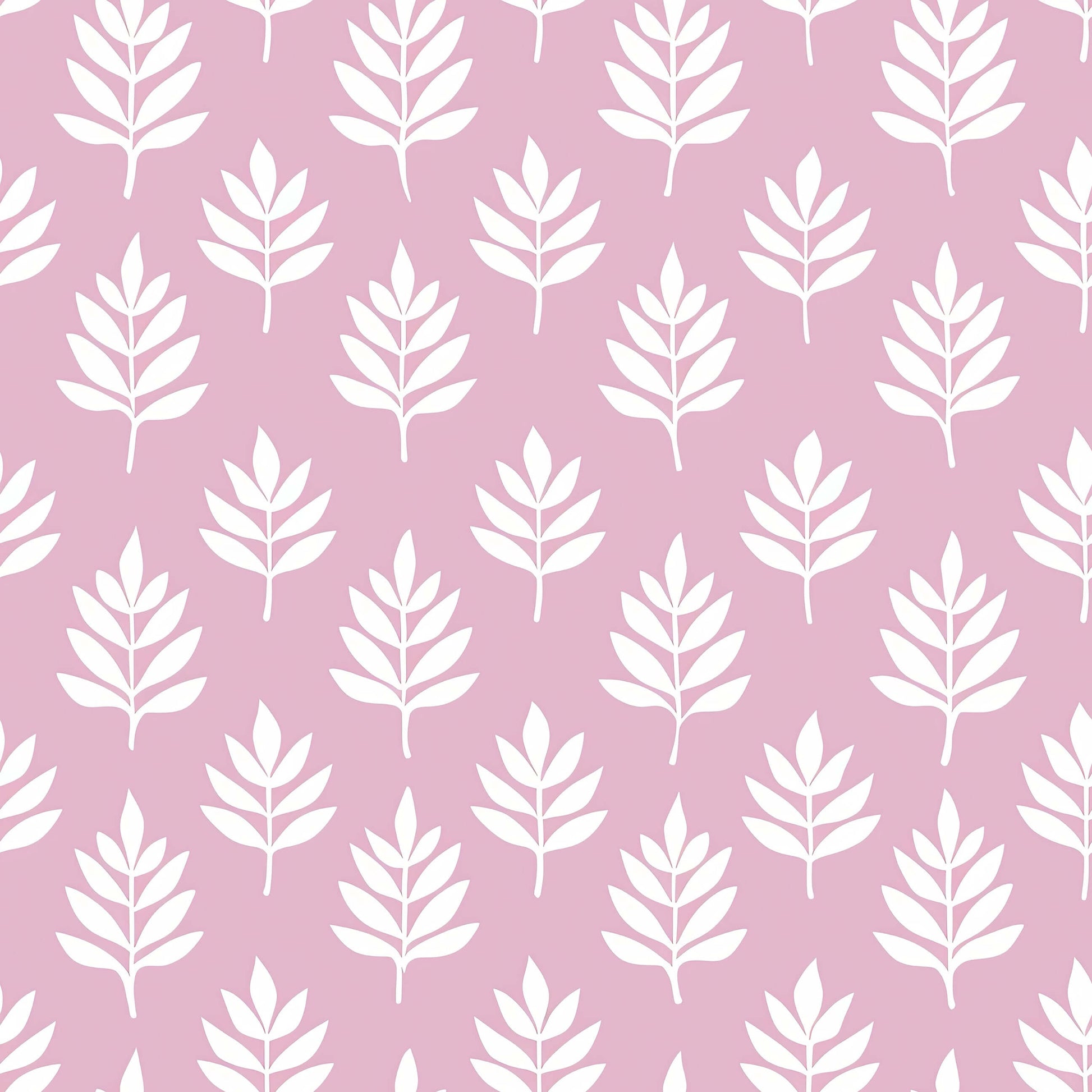 Gentle Leaves Wallpaper with white abstract leaves on mauve-pink background, perfect for modern nurseries and children's playrooms.