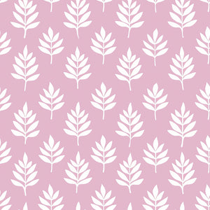 Gentle Leaves Wallpaper with white abstract leaves on mauve-pink background, perfect for modern nurseries and children's playrooms.