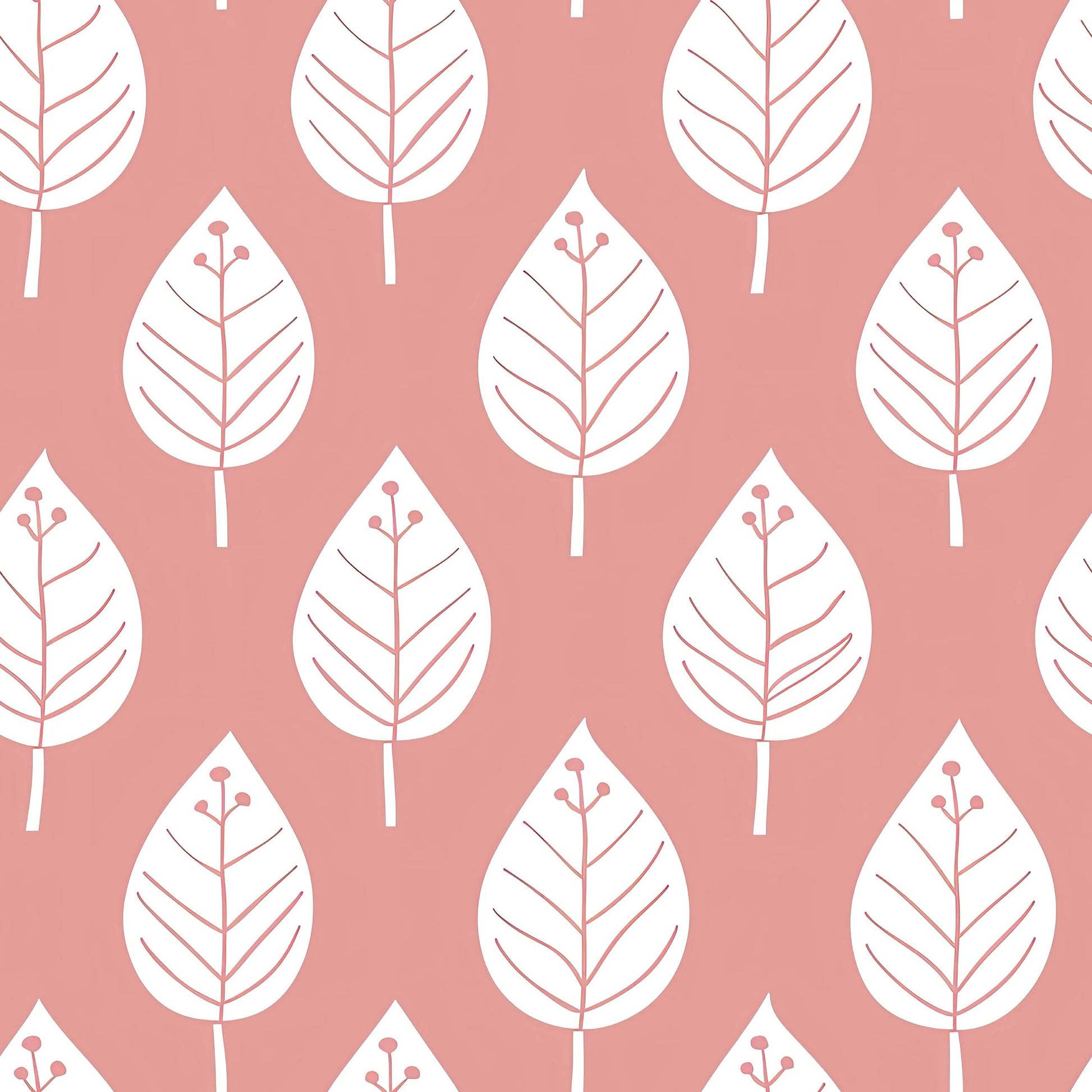 "Spring Blush" wallpaper featuring white leaves on blush background; perfect for modern nursery or playroom with abstract design.