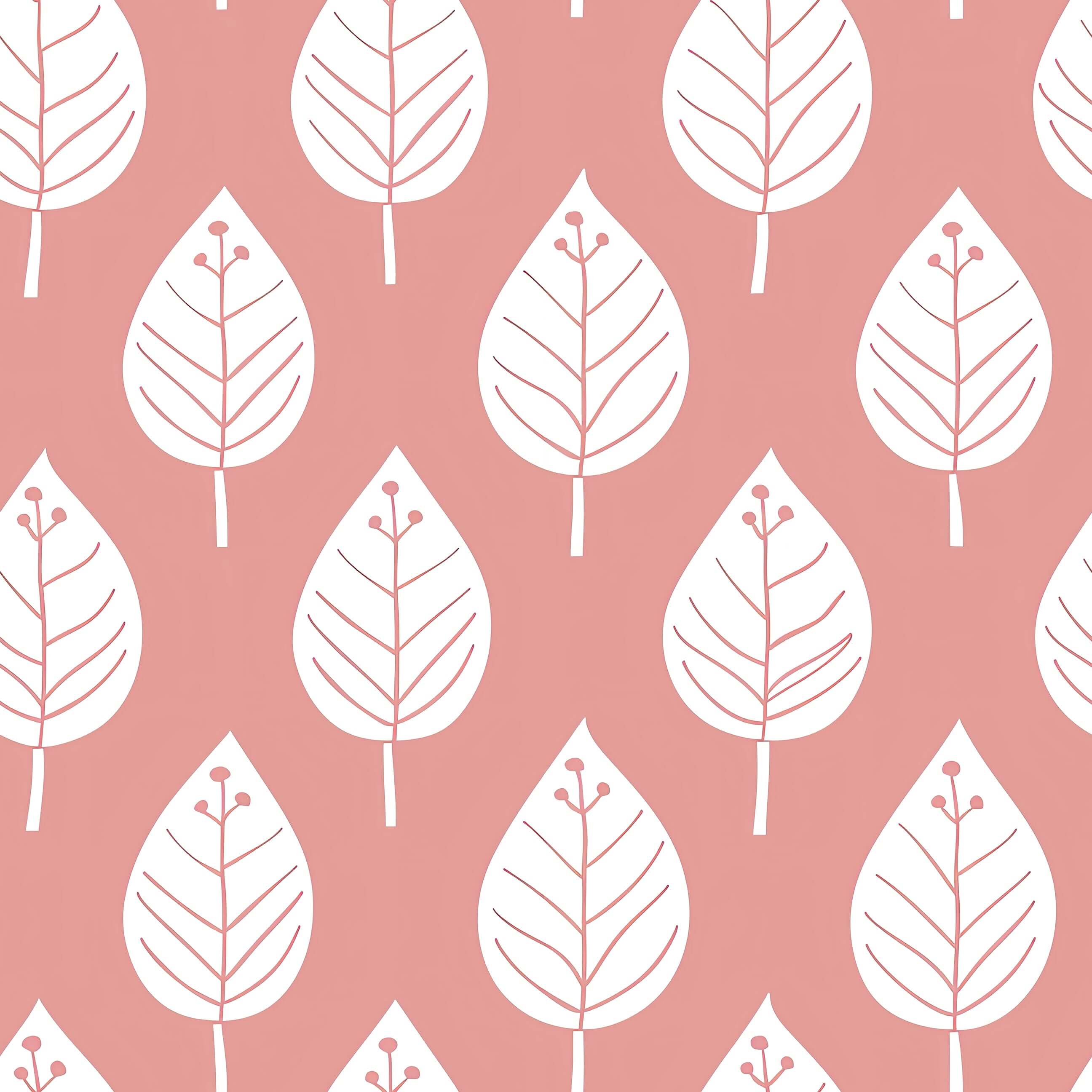 "Spring Blush" wallpaper featuring white leaves on blush background; perfect for modern nursery or playroom with abstract design.