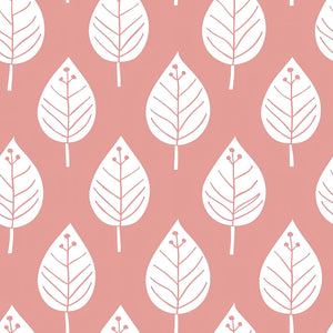 "Spring Blush" wallpaper featuring white leaves on blush background; perfect for modern nursery or playroom with abstract design.