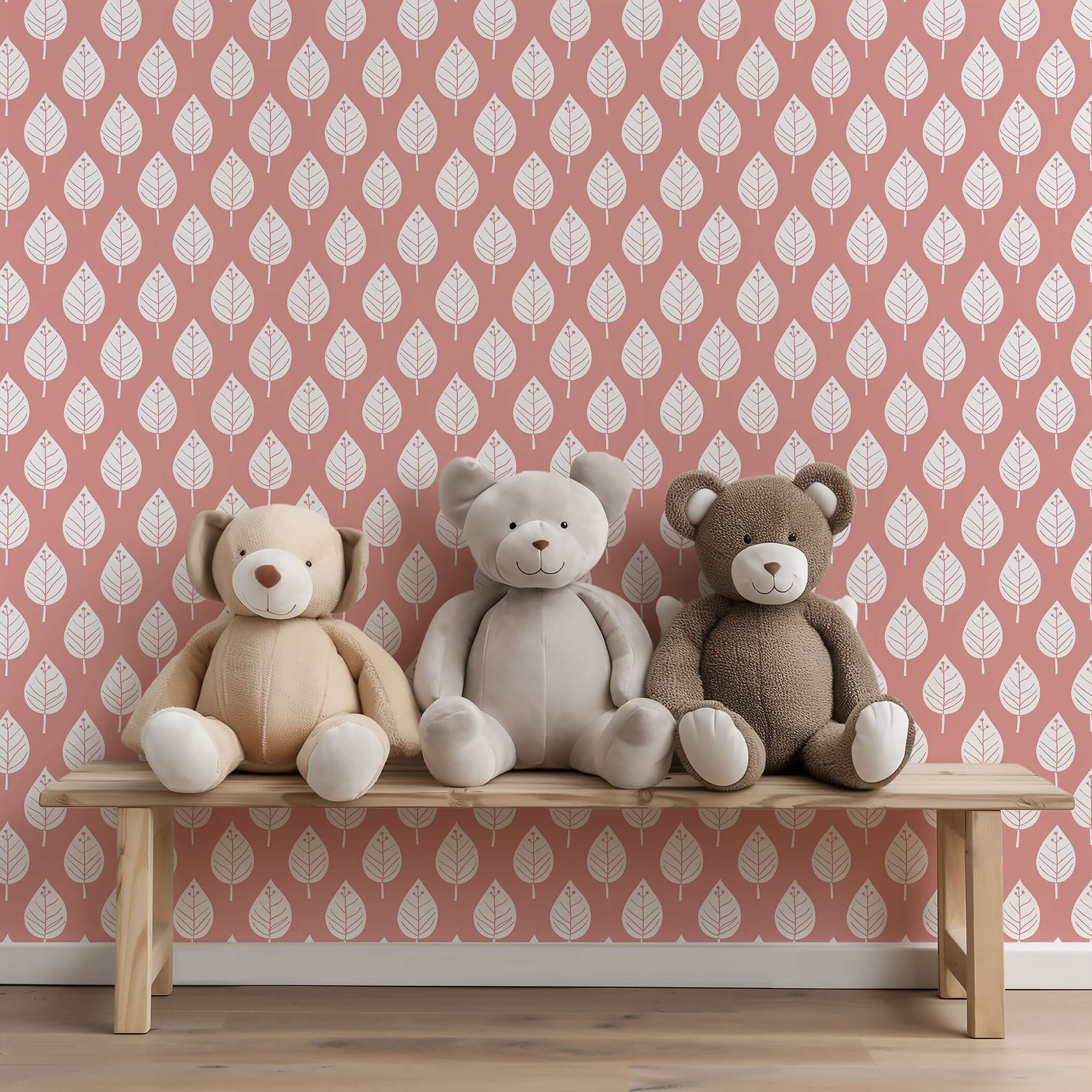 Spring Blush Wallpaper with abstract white leaves and plush bears, ideal for modern children’s nursery or playroom decor.