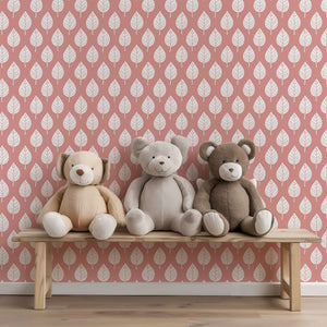 Spring Blush Wallpaper with abstract white leaves and plush bears, ideal for modern children’s nursery or playroom decor.
