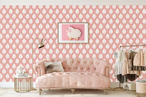 Modern pink wallpaper with white leaf design, perfect for nurseries or playrooms. "Spring Blush" botanical elegance for your space.
