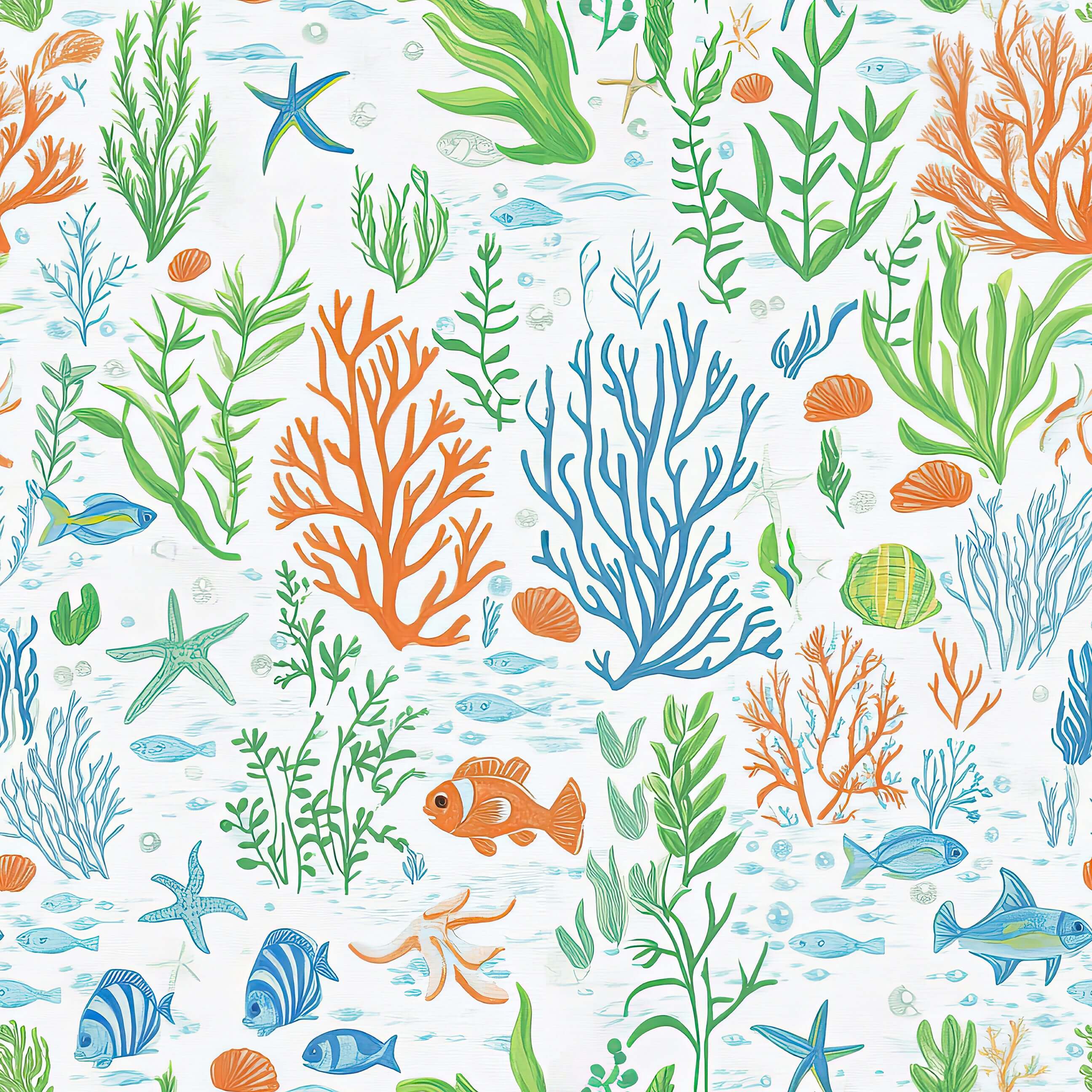 Under the Sea Adventure wallpaper with colorful fish, coral, and ocean elements, perfect for children’s nursery and playroom spaces.