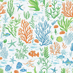 Under the Sea Adventure wallpaper with colorful fish, coral, and ocean elements, perfect for children’s nursery and playroom spaces.