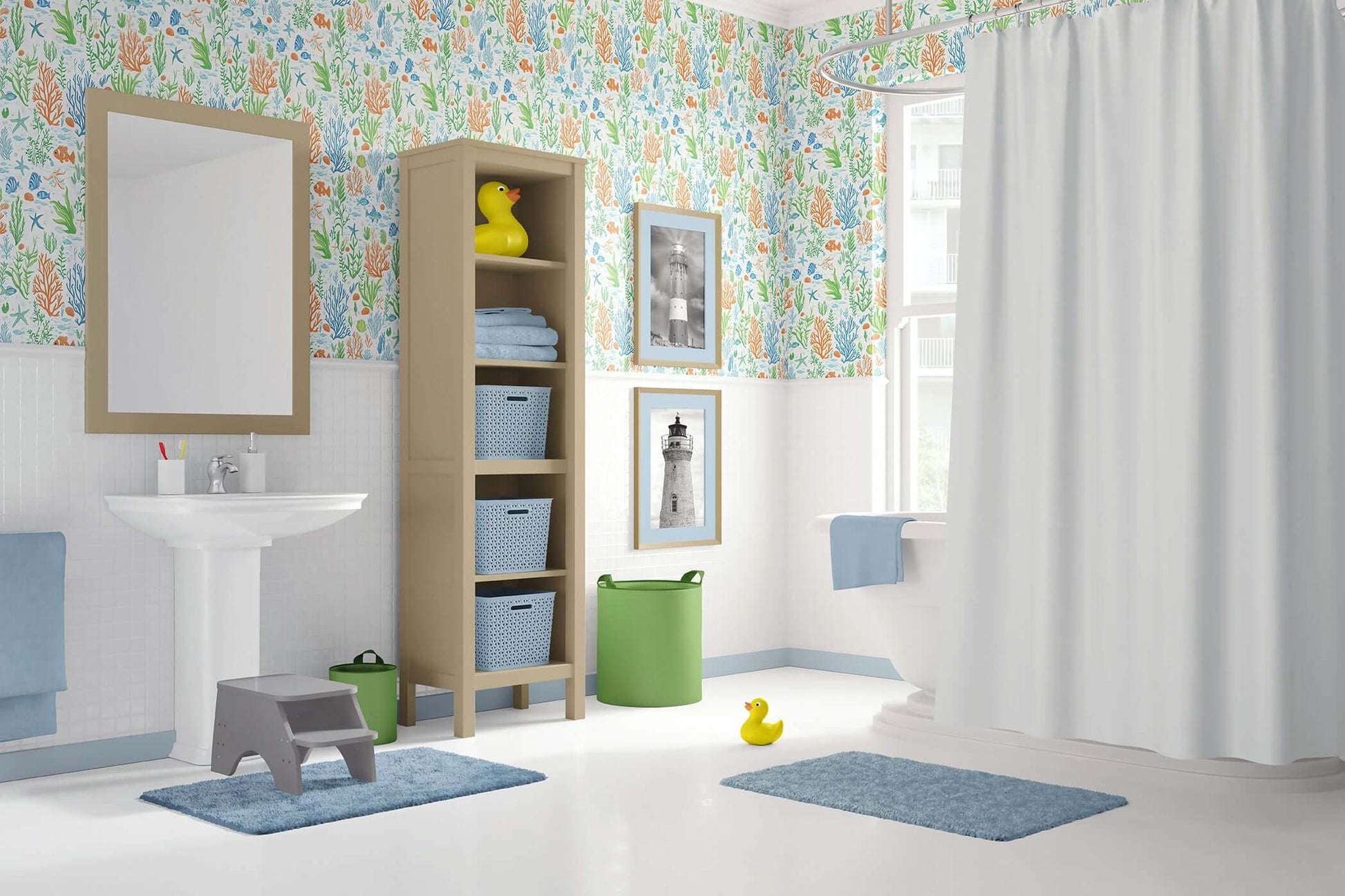 Bathroom with "Under the Sea Adventure" coastal wallpaper, featuring ocean-themed decor, coral, fish, and a playful rubber duck.