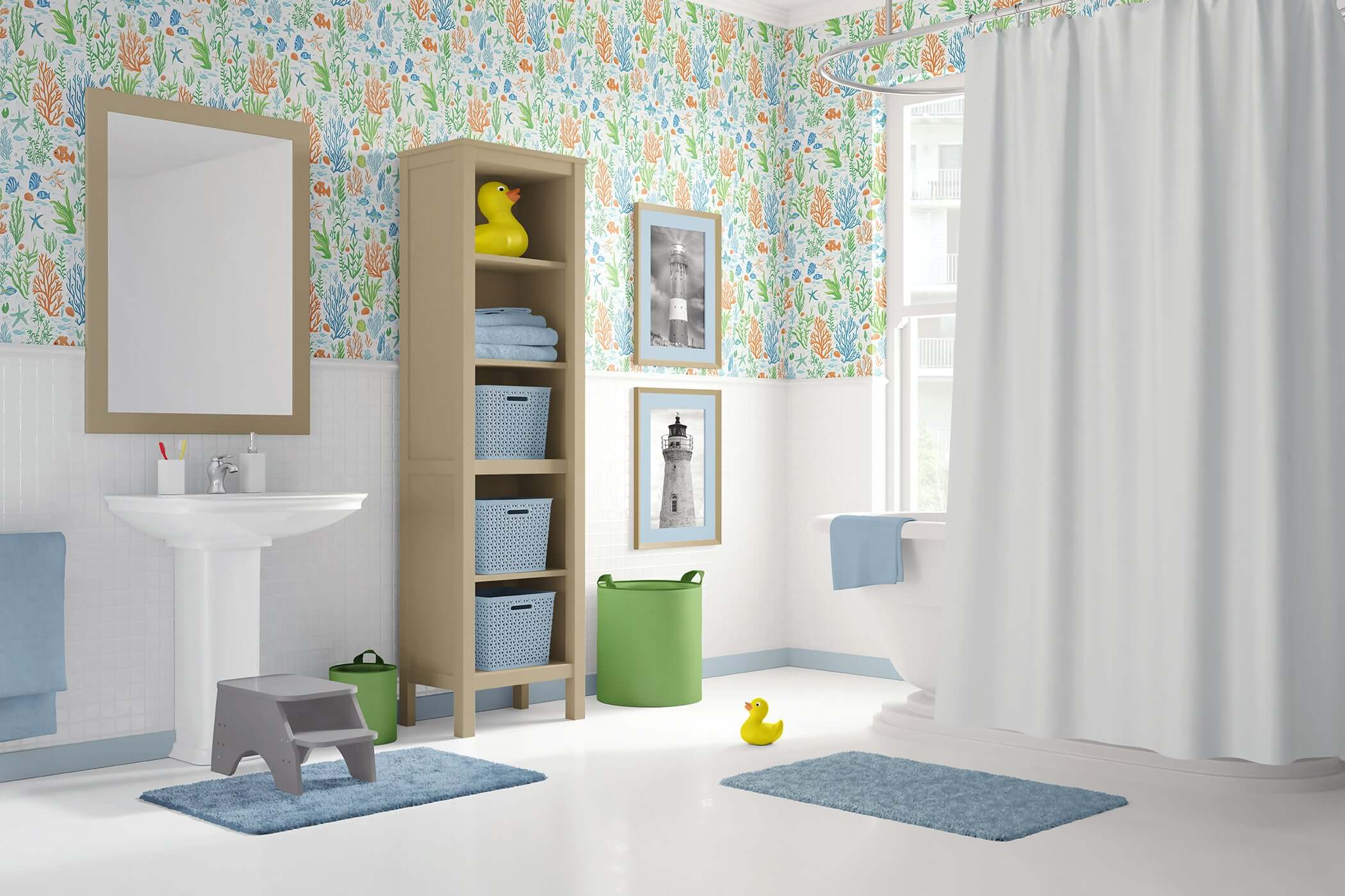 Bathroom with "Under the Sea Adventure" coastal wallpaper, featuring ocean-themed decor, coral, fish, and a playful rubber duck.