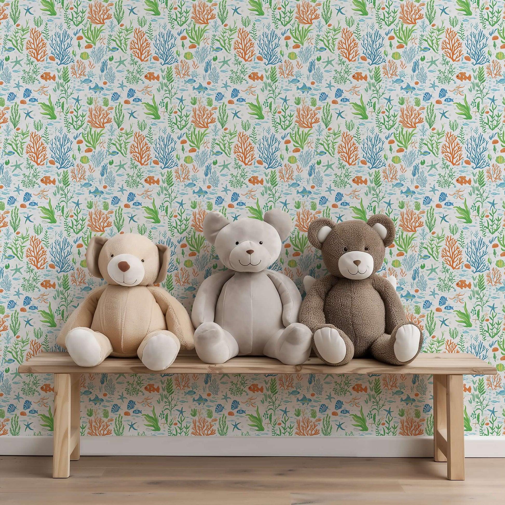 Under the Sea Adventure wallpaper with ocean fish and coral, perfect for children's nursery or coastal playroom decor.