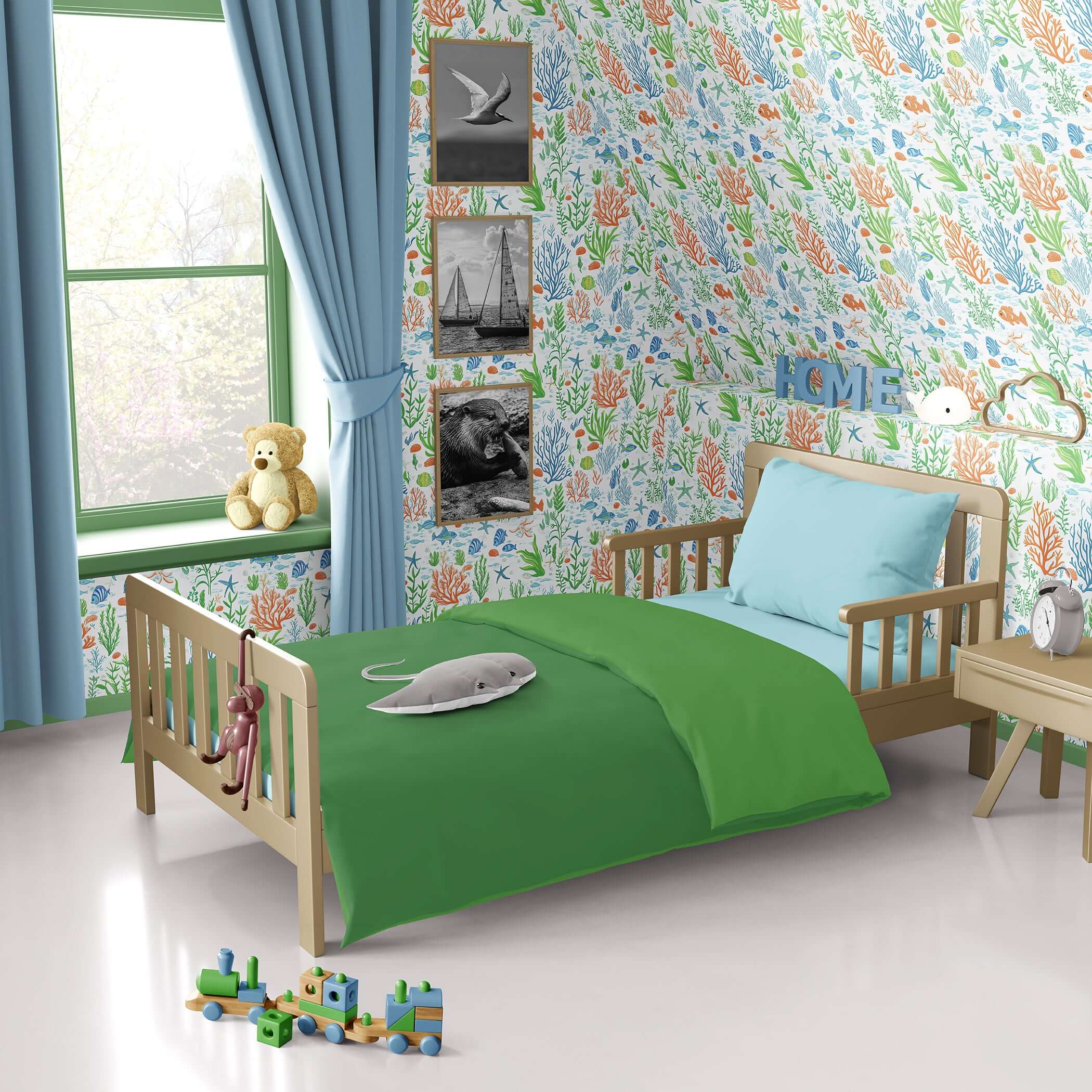 Vibrant Under the Sea Adventure wallpaper in a child's nursery with oceanic coral and fish design, perfect for coastal playroom decor.