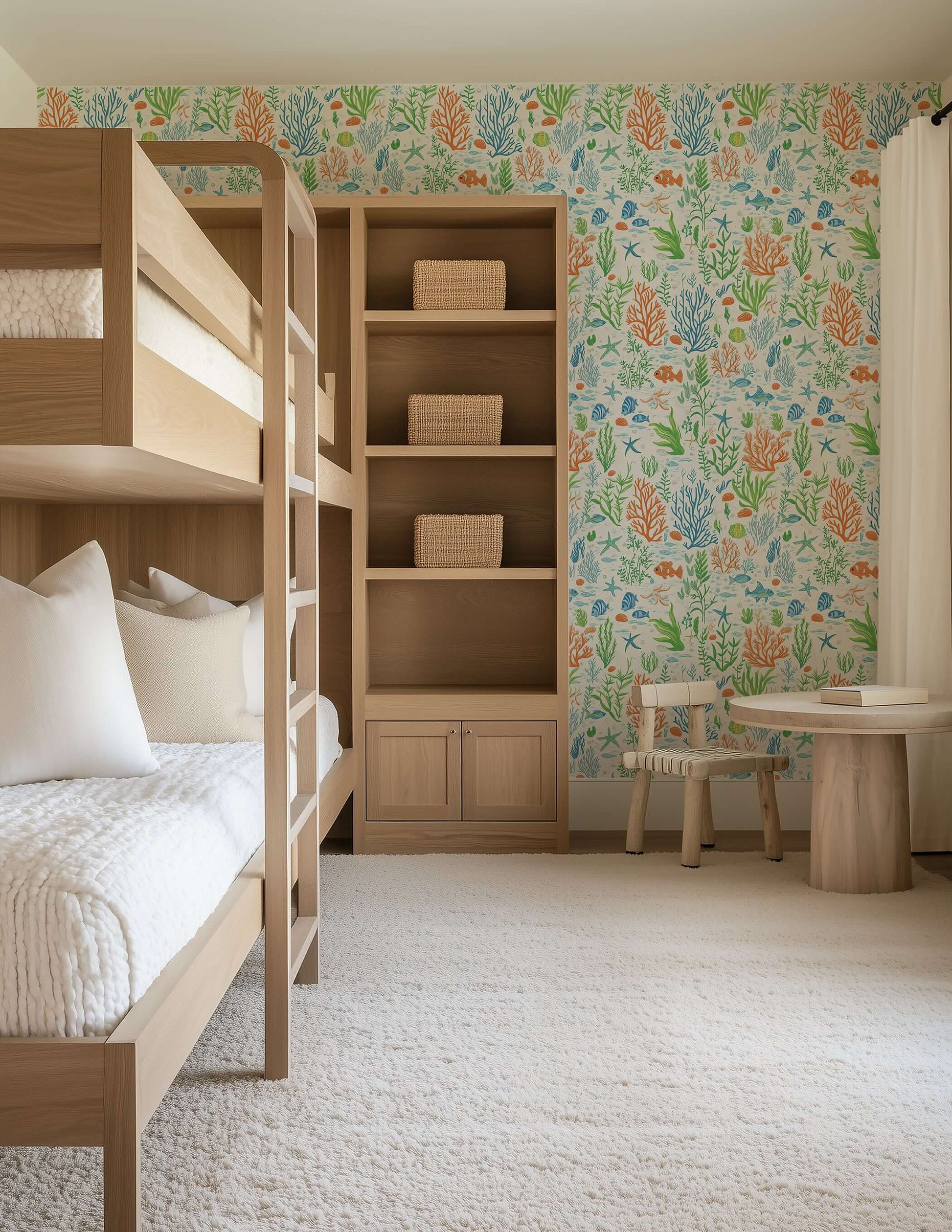 Under the Sea Adventure wallpaper with ocean theme, fish, coral, in children's nursery playroom, enhances coastal decor.