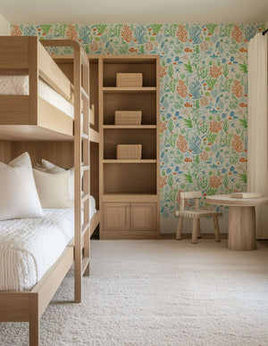 Under the Sea Adventure wallpaper with ocean theme, fish, coral, in children's nursery playroom, enhances coastal decor.