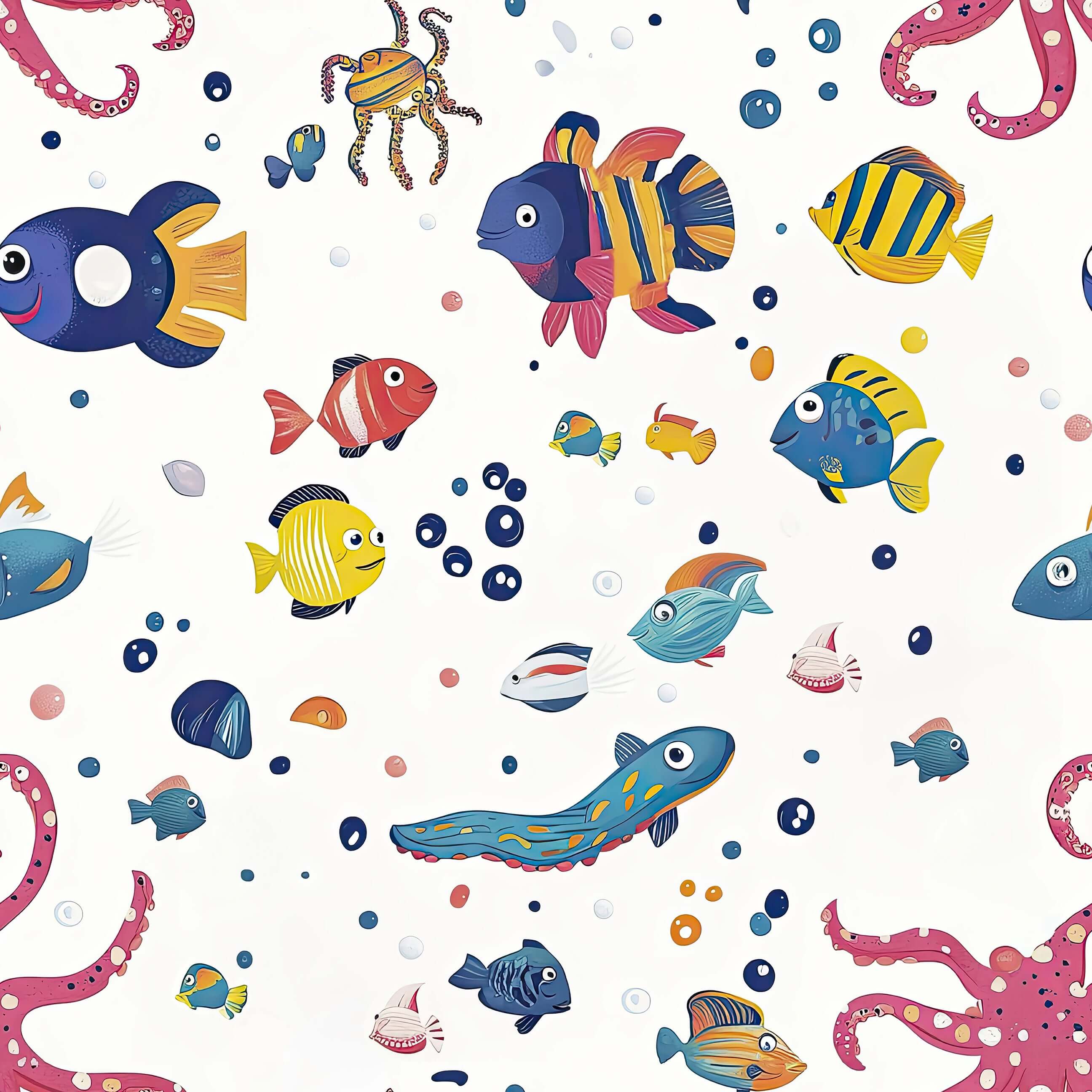 Colorful Underwater Friends Wallpaper with fish, octopus, and coral, perfect for children's nursery or coastal playroom decor.