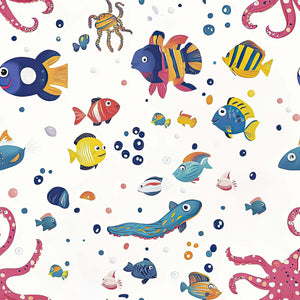 Colorful Underwater Friends Wallpaper with fish, octopus, and coral, perfect for children's nursery or coastal playroom decor.