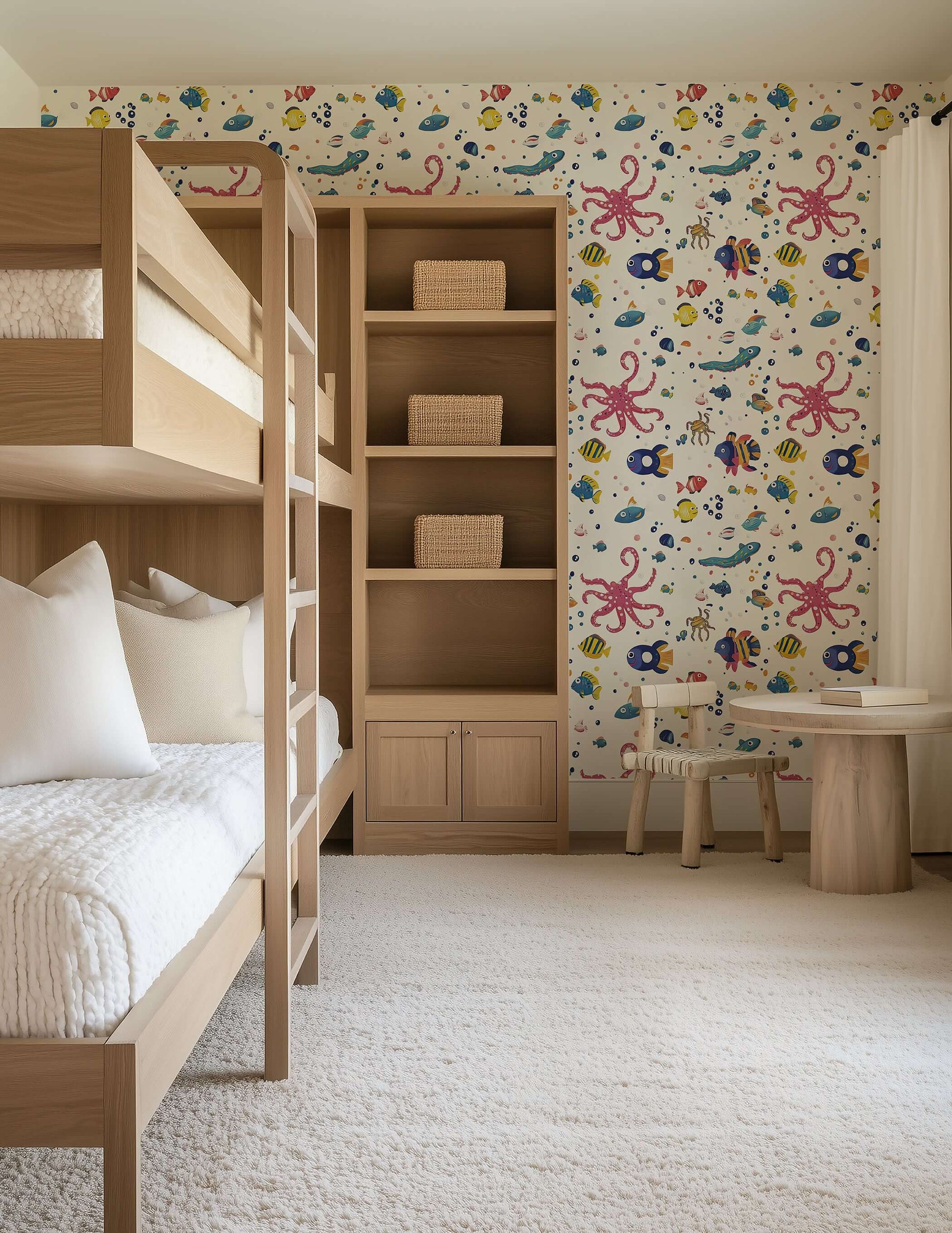 Children's room with Underwater Friends ocean-themed wallpaper featuring colorful fish, octopus, and sea animals, ideal for nurseries.