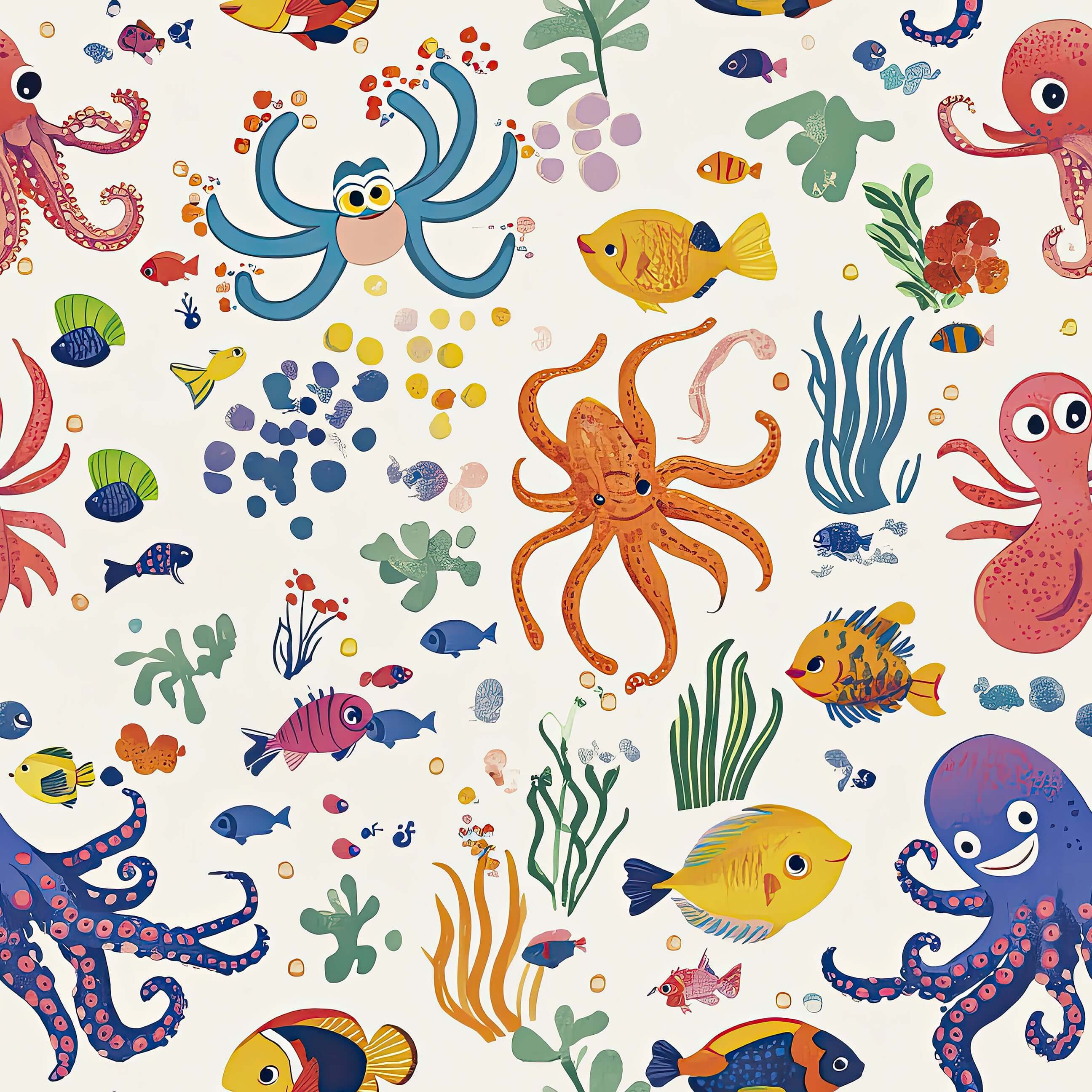 Playful Reef Buddies wallpaper with octopus, fish, and coral for ocean-themed children’s nursery or coastal playroom decor.
