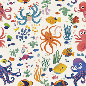 Playful Reef Buddies wallpaper with octopus, fish, and coral for ocean-themed children’s nursery or coastal playroom decor.