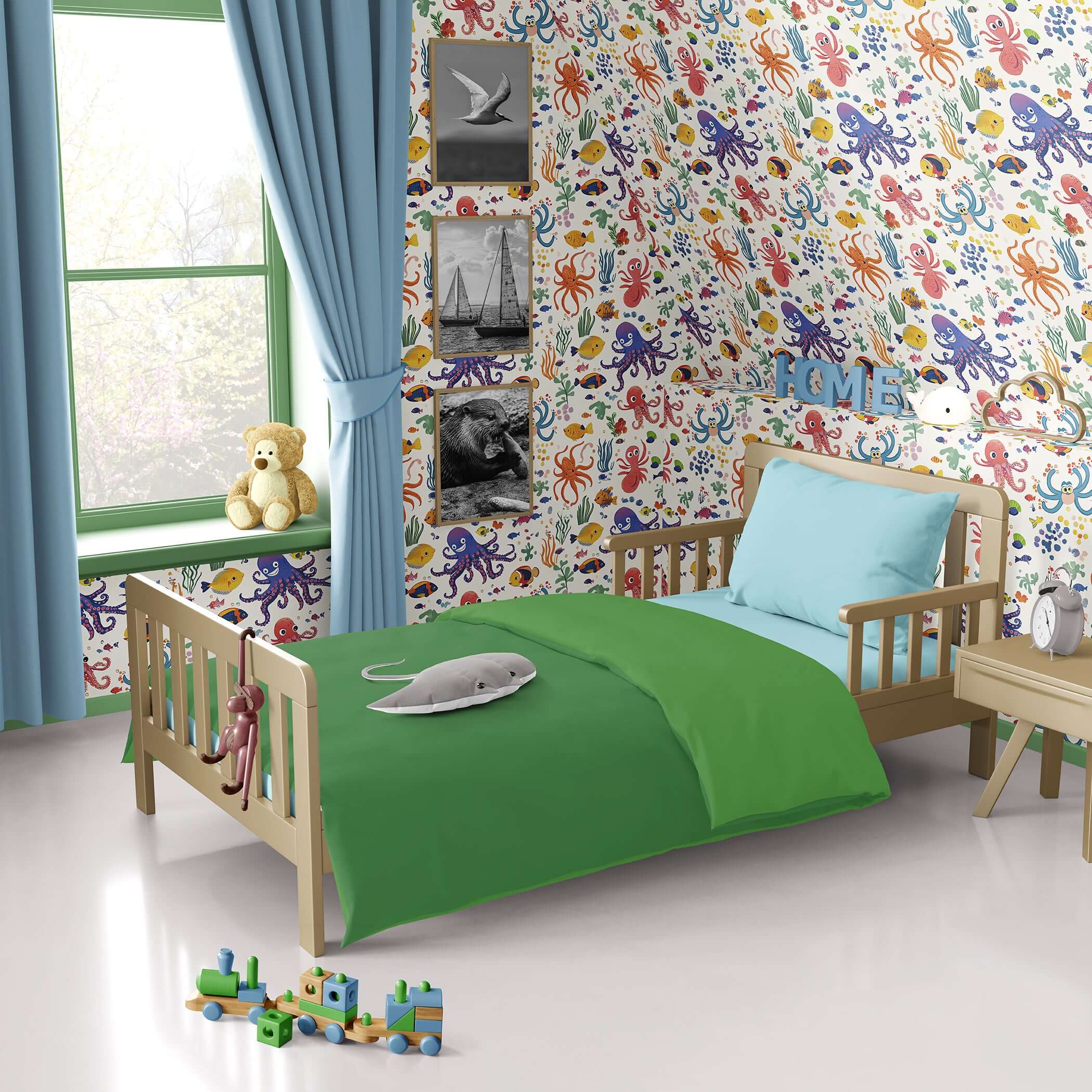 Colorful ocean-themed wallpaper with octopus and fish, ideal for a children's nursery playroom, featuring coastal vibes and coral design.