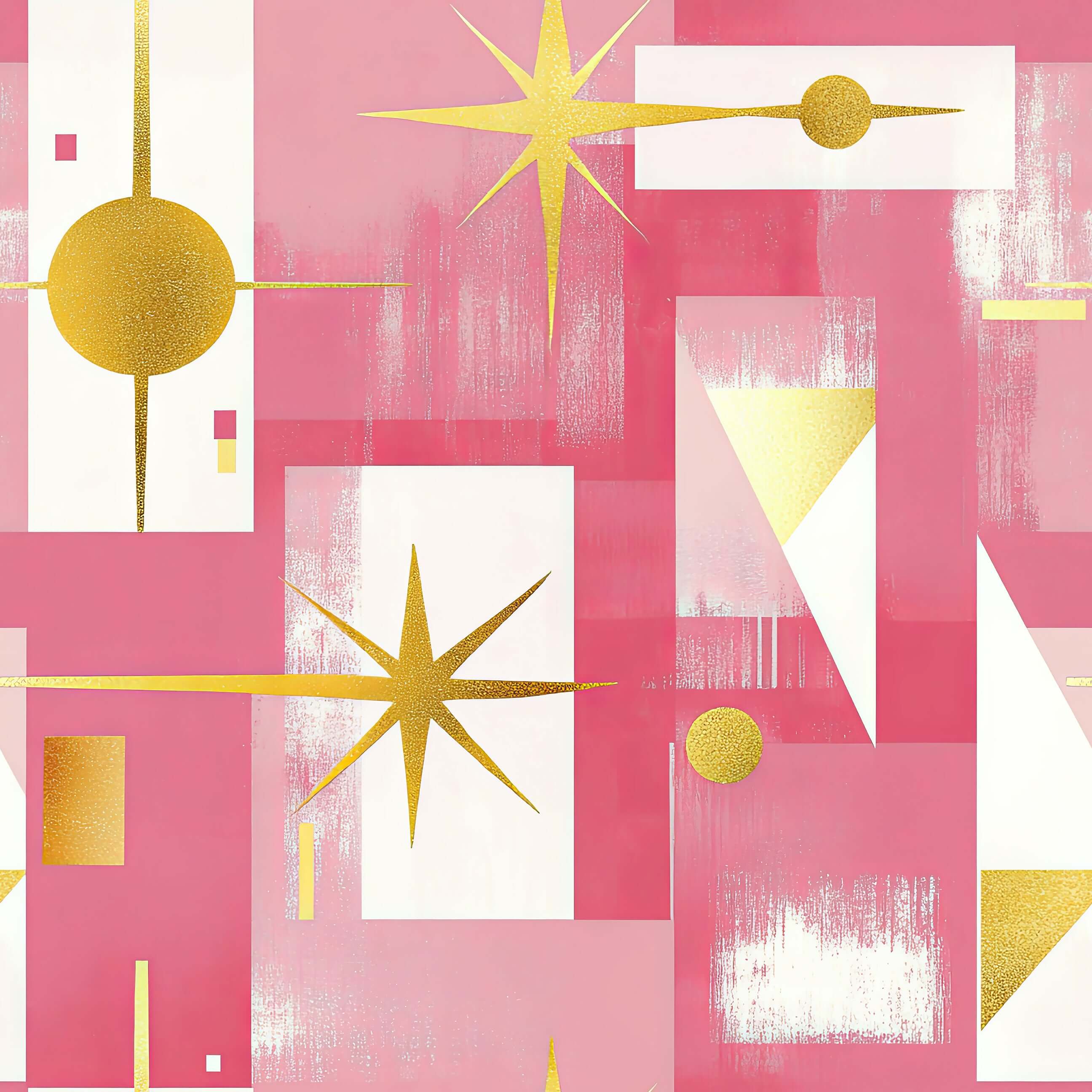 Pink Pop Art wallpaper with gold geometric accents, ideal for mid-century modern design, playroom, or chic children's spaces.