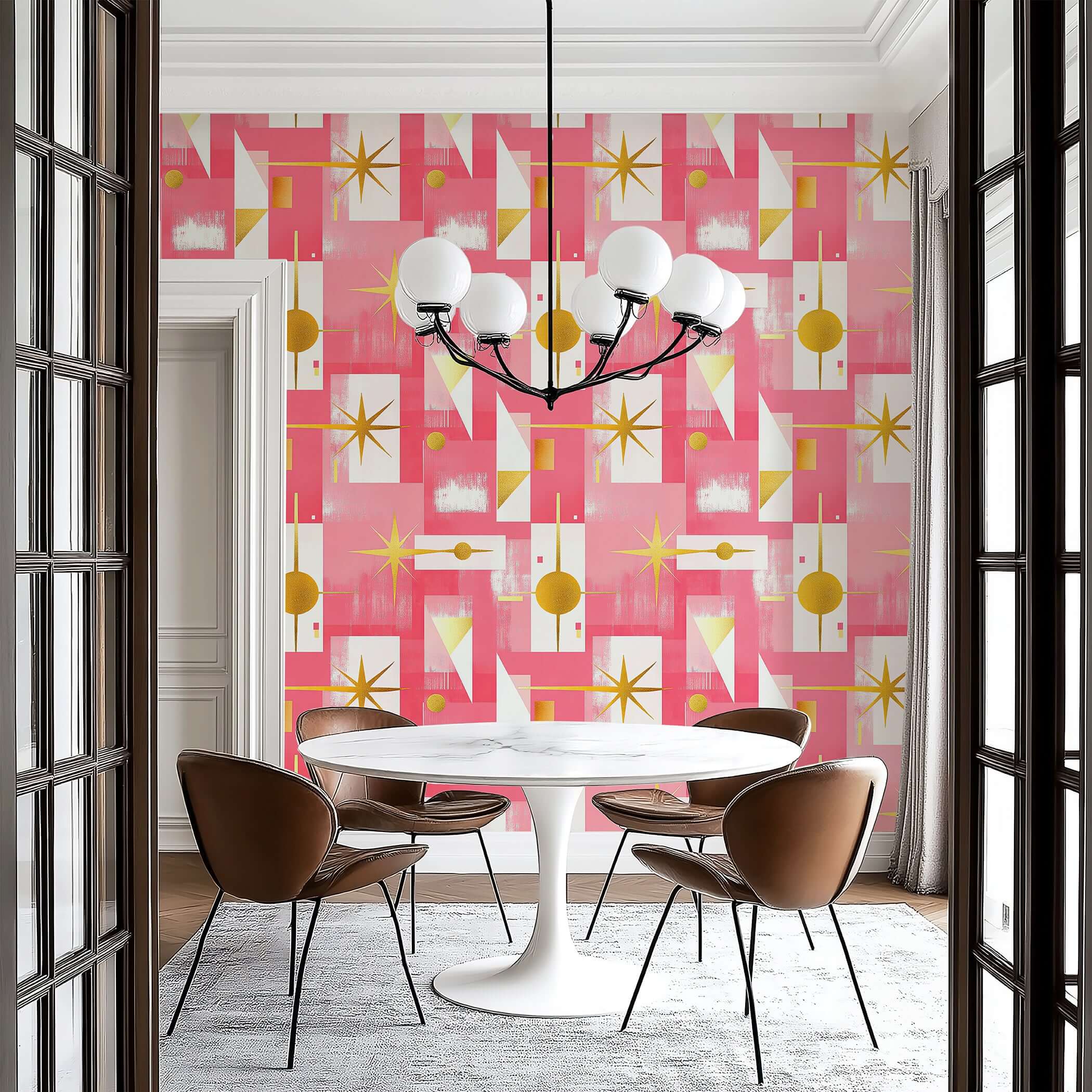 Pink Pop Art wallpaper with mid-century modern design, geometric shapes, and gold accents in a chic dining room setting.
