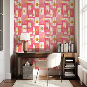 Bold Pink Pop Art Wallpaper with gold accents in mid-century modern design, perfect for children's playroom or chic interiors.