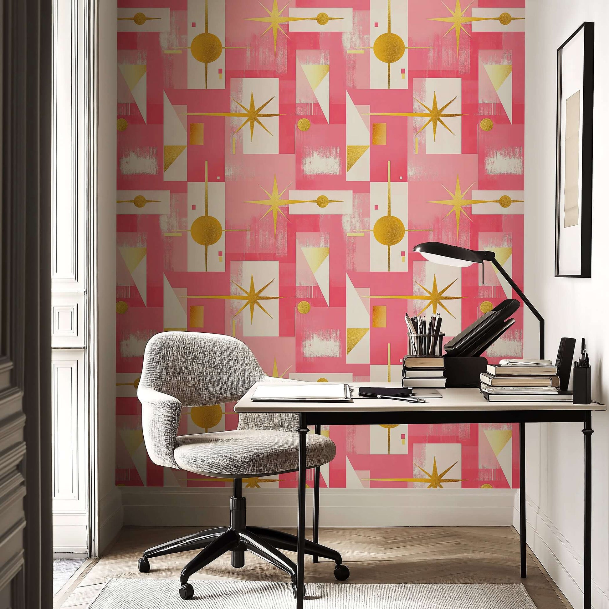 Pink Pop Art Wallpaper: Mid-century modern design with geometric patterns, perfect for playrooms or children’s spaces. Bold and chic.
