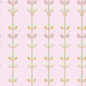 Sugar Blossom Luxe Floral wallpaper with pink background, gold and white florals for nursery or children's playroom elegance.