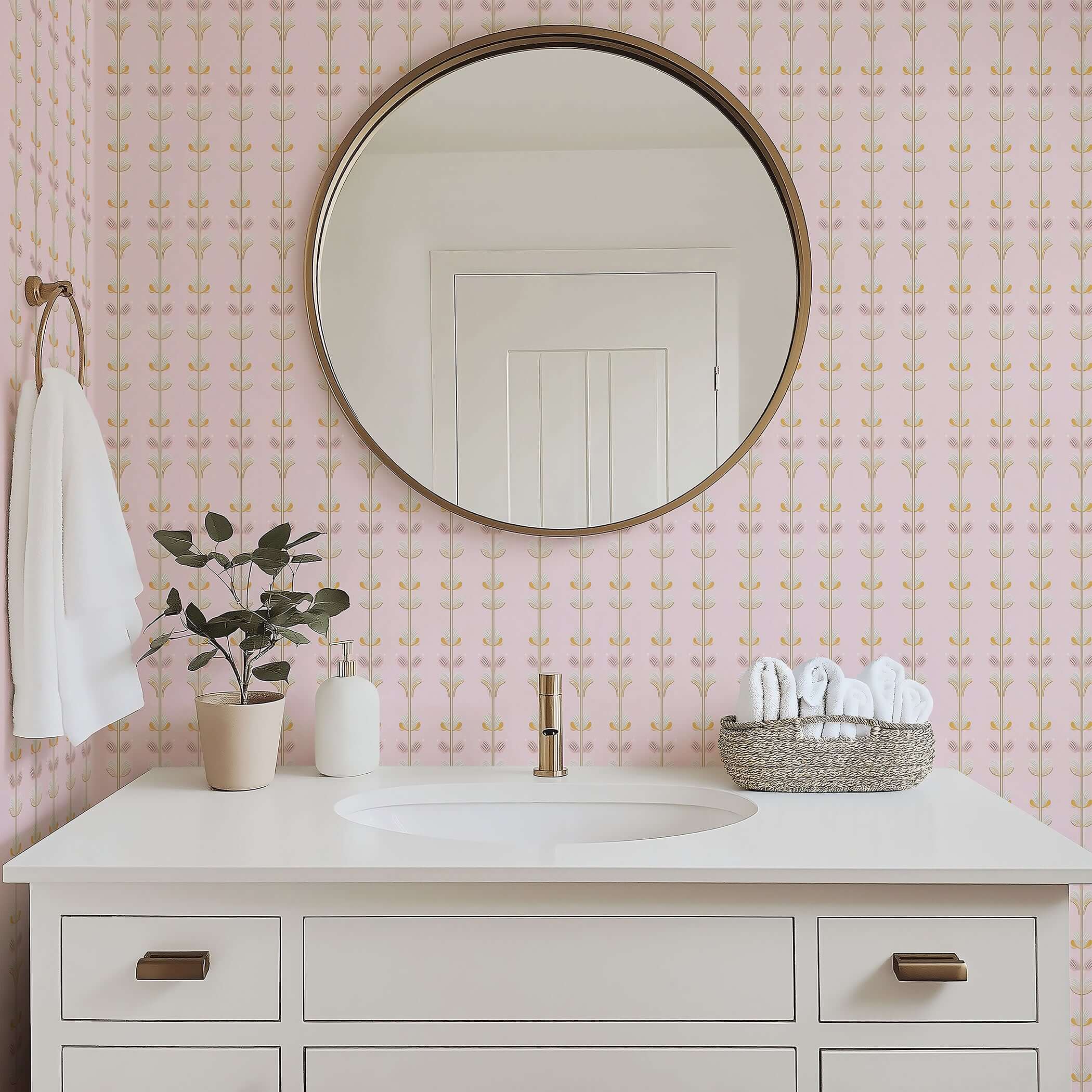 Luxurious Sugar Blossom Luxe Floral wallpaper in a bathroom, featuring pink background and gold florals for nursery or playroom elegance.