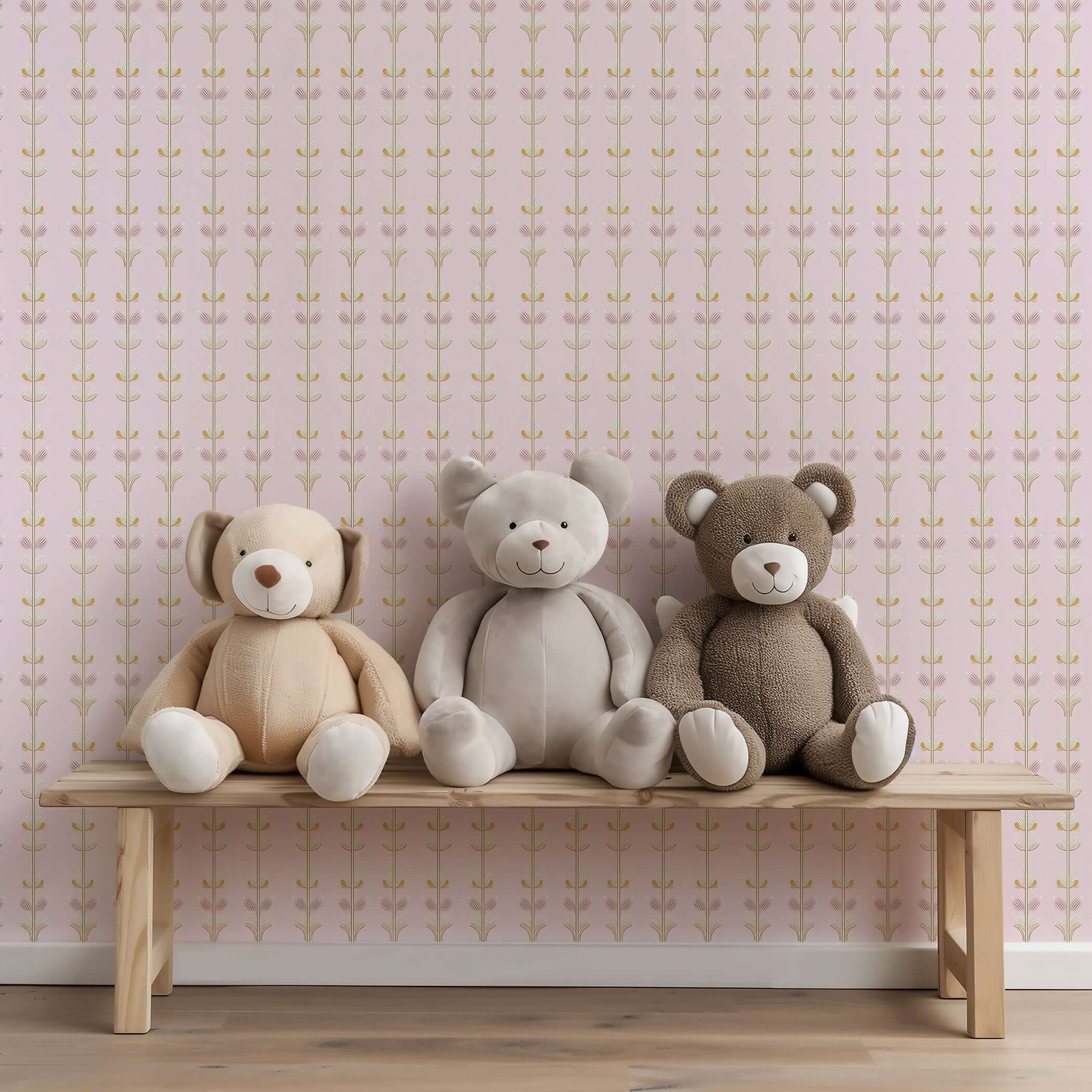 Charming pink floral nursery wallpaper with teddy bears on a bench, perfect for children’s playroom or nursery decor.