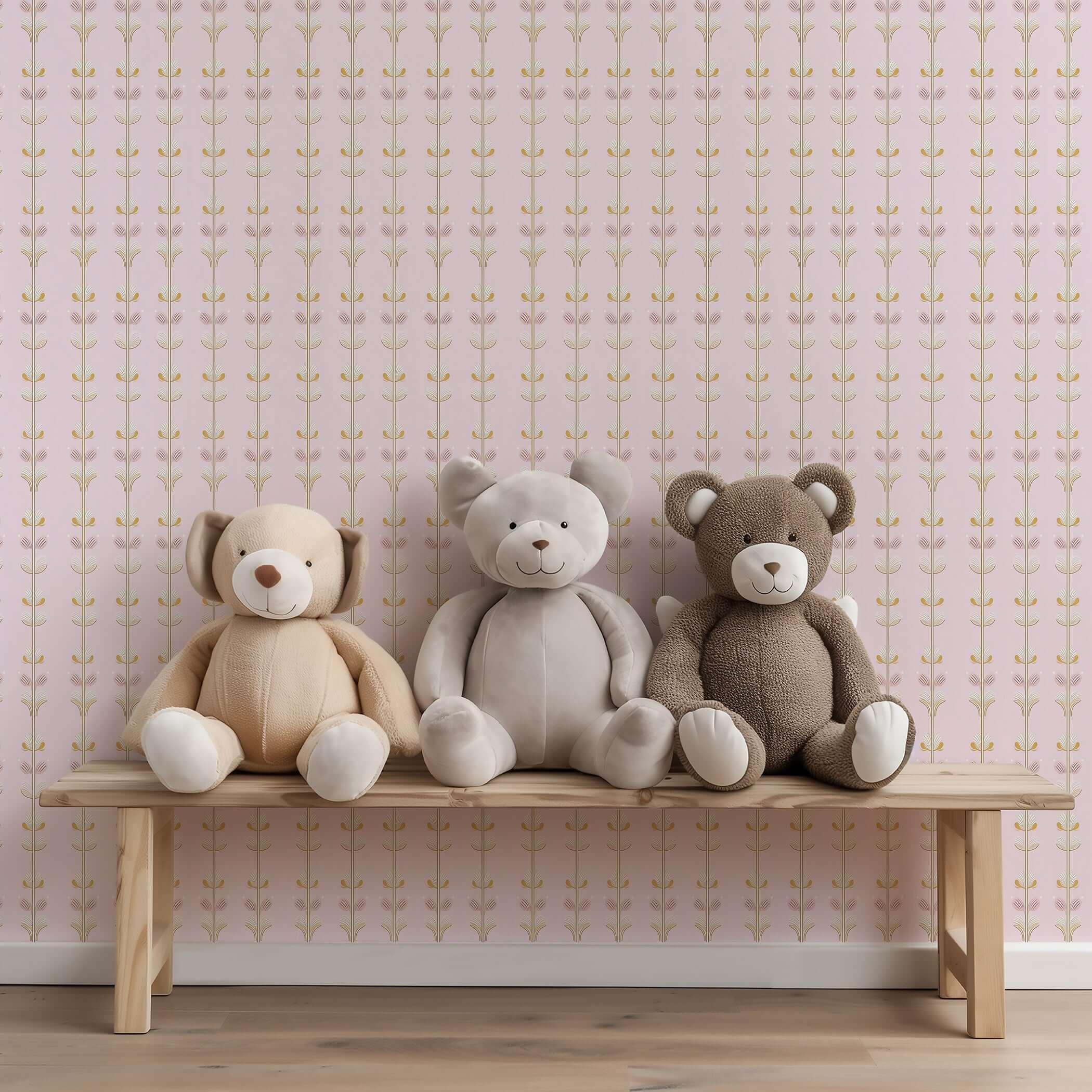 Charming pink floral nursery wallpaper with teddy bears on a bench, perfect for children’s playroom or nursery decor.