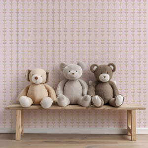 Charming pink floral nursery wallpaper with teddy bears on a bench, perfect for children’s playroom or nursery decor.