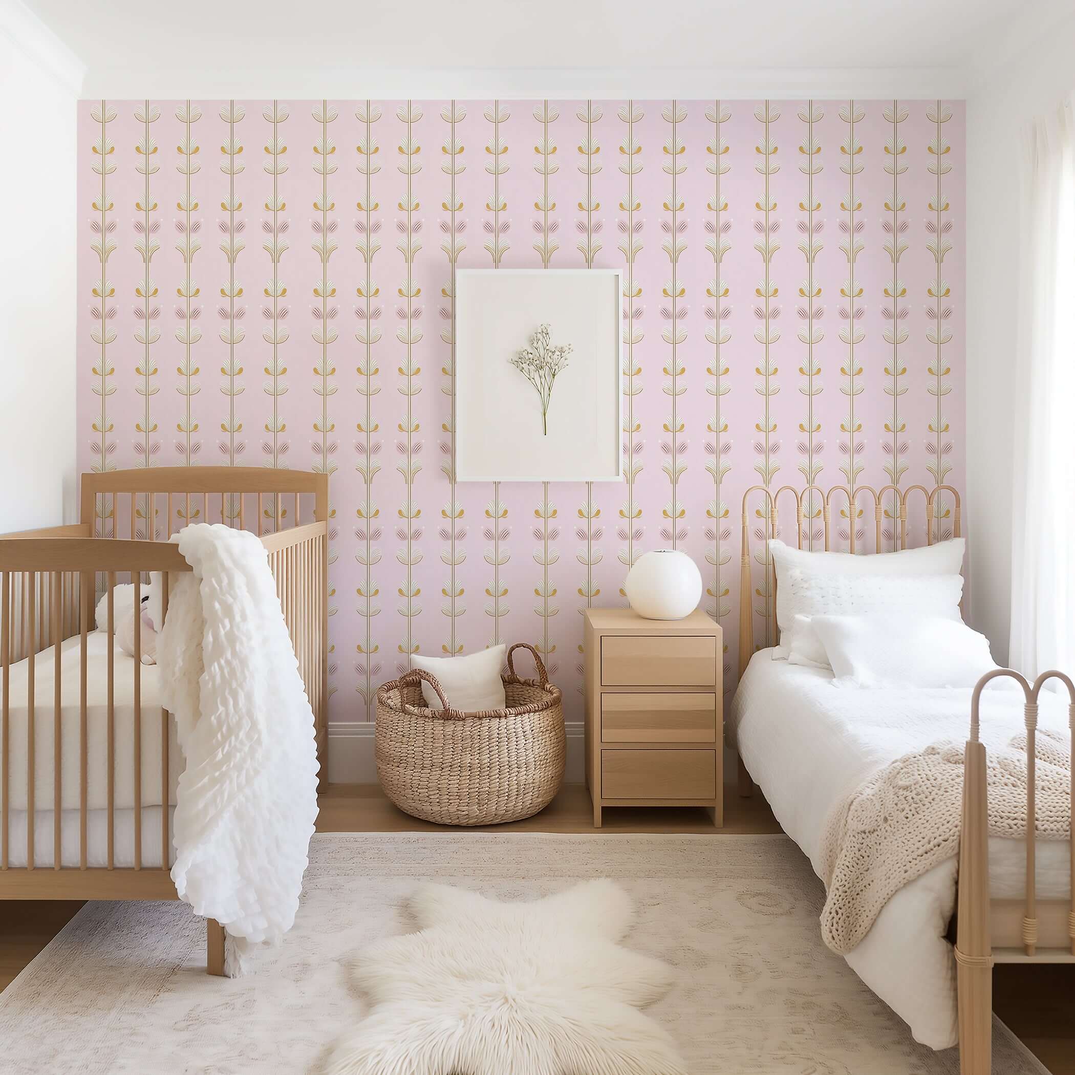 Nursery with Sugar Blossom Luxe Floral wallpaper featuring pink and gold florals, ideal for children’s playroom or bedroom.