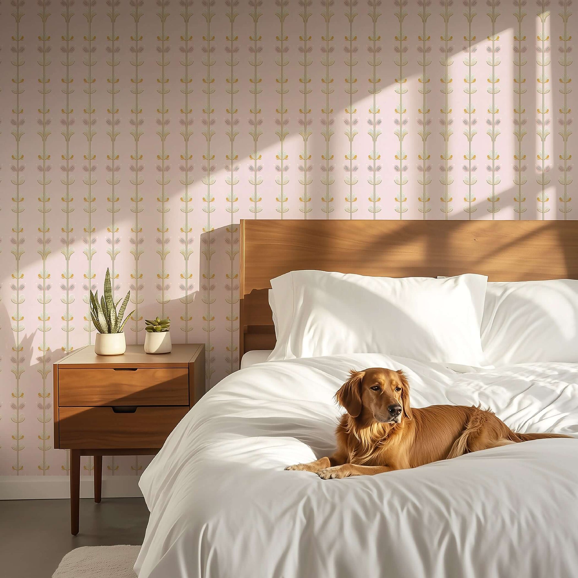 Luxurious pink floral wallpaper in bedroom with cozy bed and dog, perfect for nursery or children's playroom.