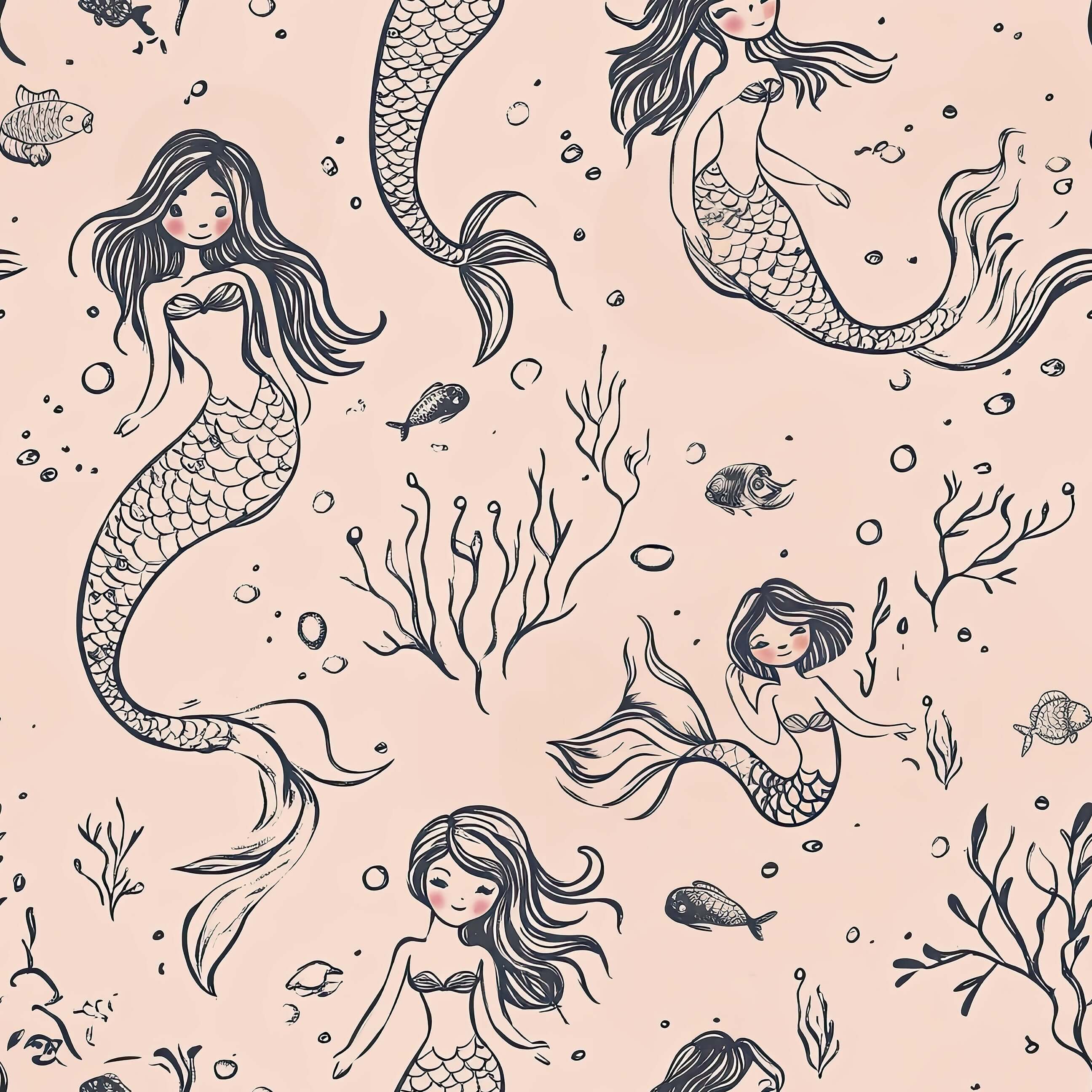 Mermaid Dreams wallpaper with elegant mermaids, seashells, and ocean life on a blush background, perfect for a children's coastal nursery.