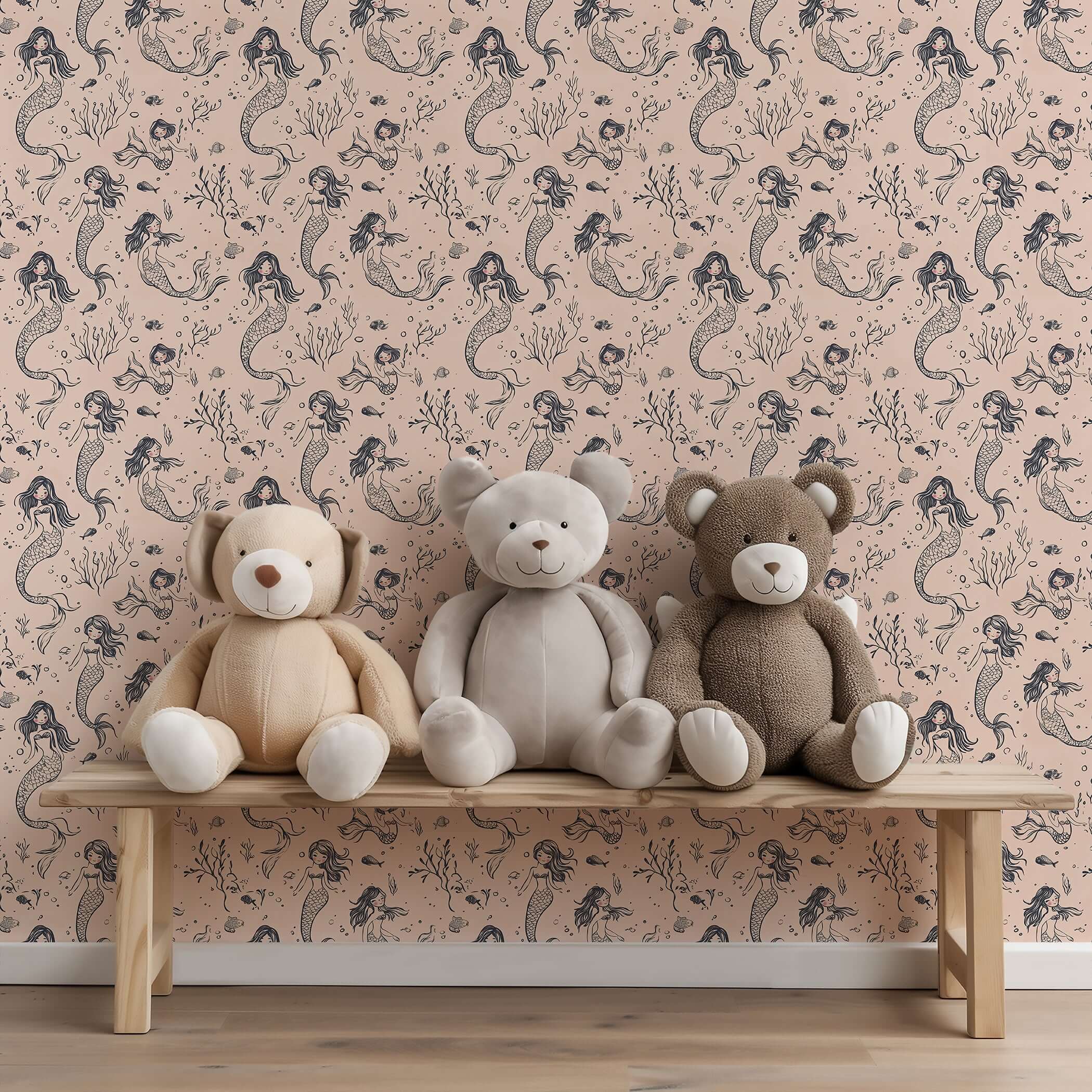 Mermaid Dreams wallpaper in a nursery setting with playful mermaids, seashells, and plush teddy bears on a bench, perfect for children’s rooms.