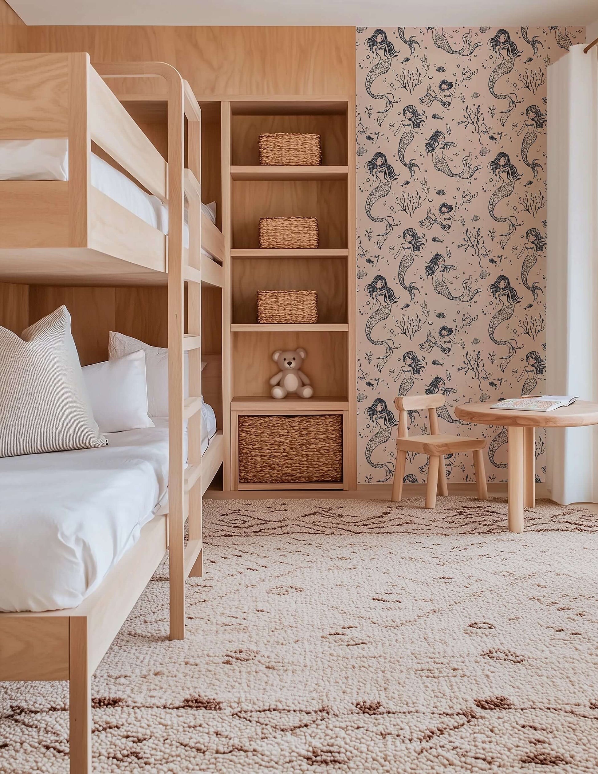 Coastal nursery with bunk beds, pastel mermaid wallpaper, and natural wood decor, creating a dreamy ocean-inspired children's room.