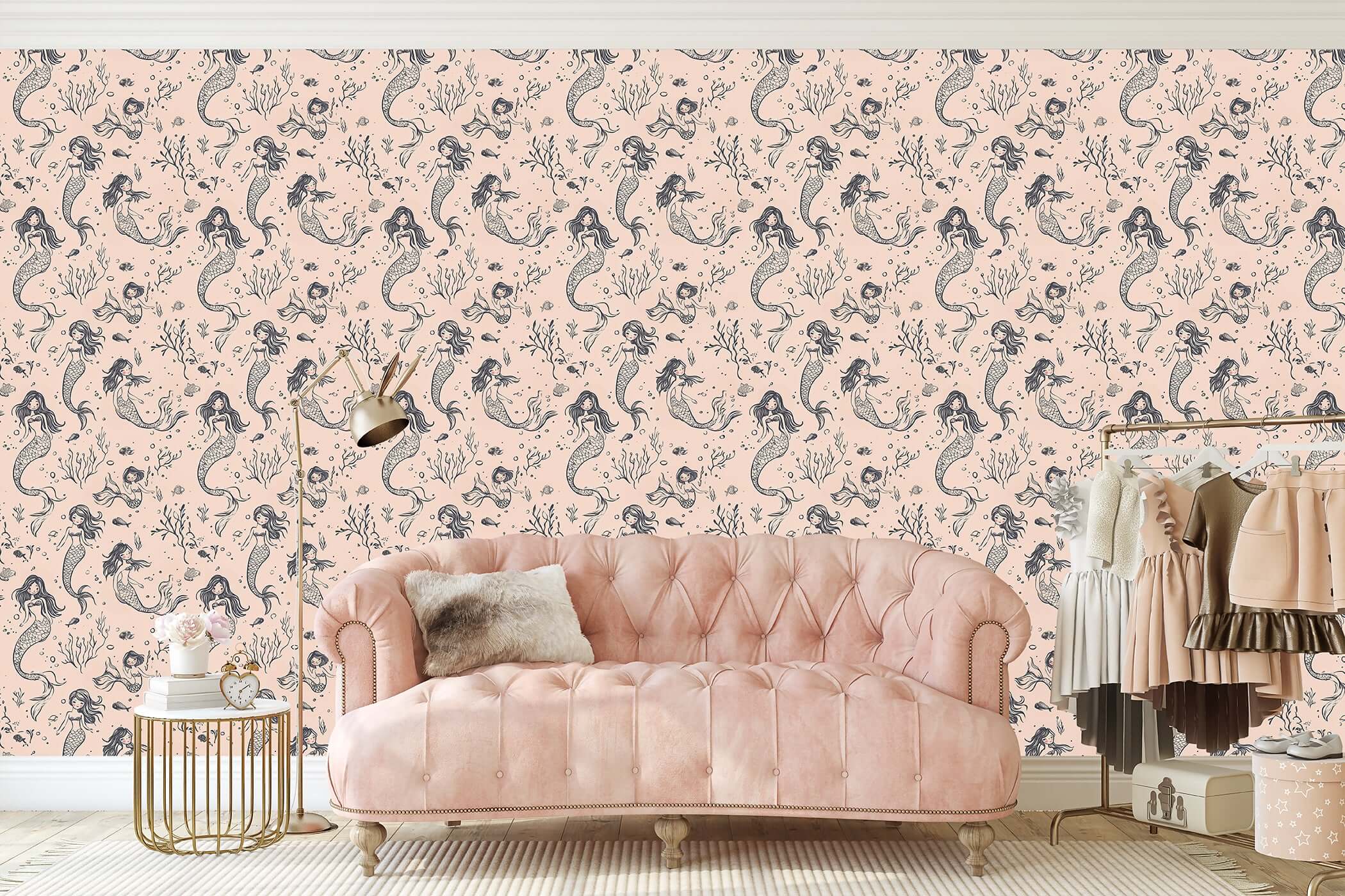 Mermaid Dreams Wallpaper in pink background for nursery or playroom, featuring whimsical mermaids and ocean design for a coastal vibe.